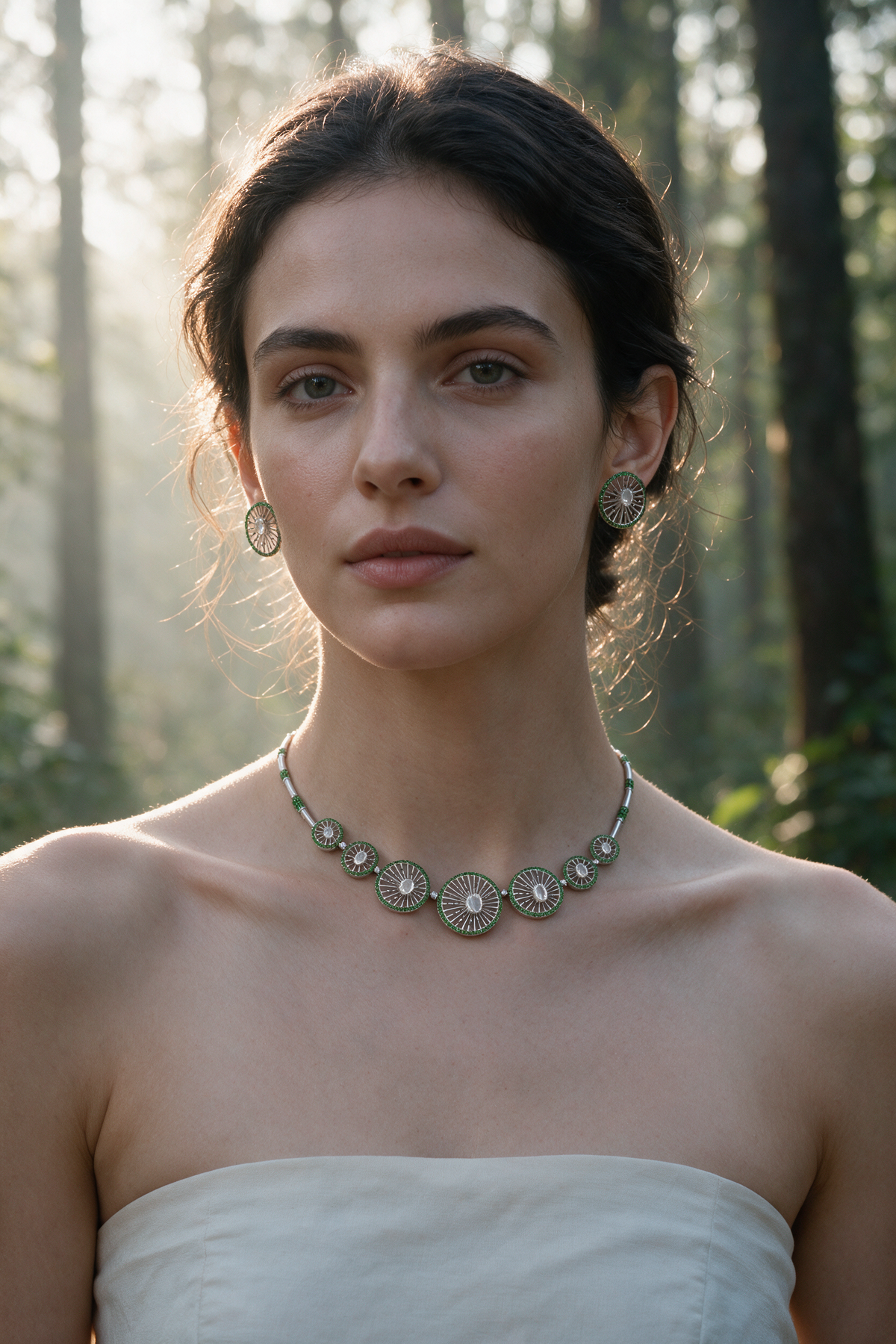 Wheel Necklace, White Gold, Rose-cut Diamonds and Tsavorite