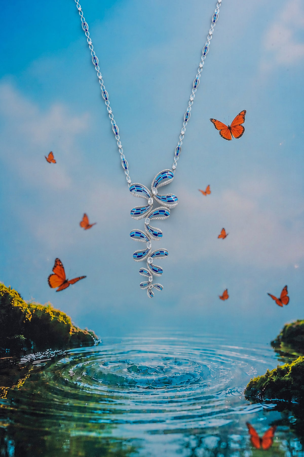 FLUTTER Butterfly Cascade Necklace, White Gold, Rose-cut Diamonds and Ceramic Enamel