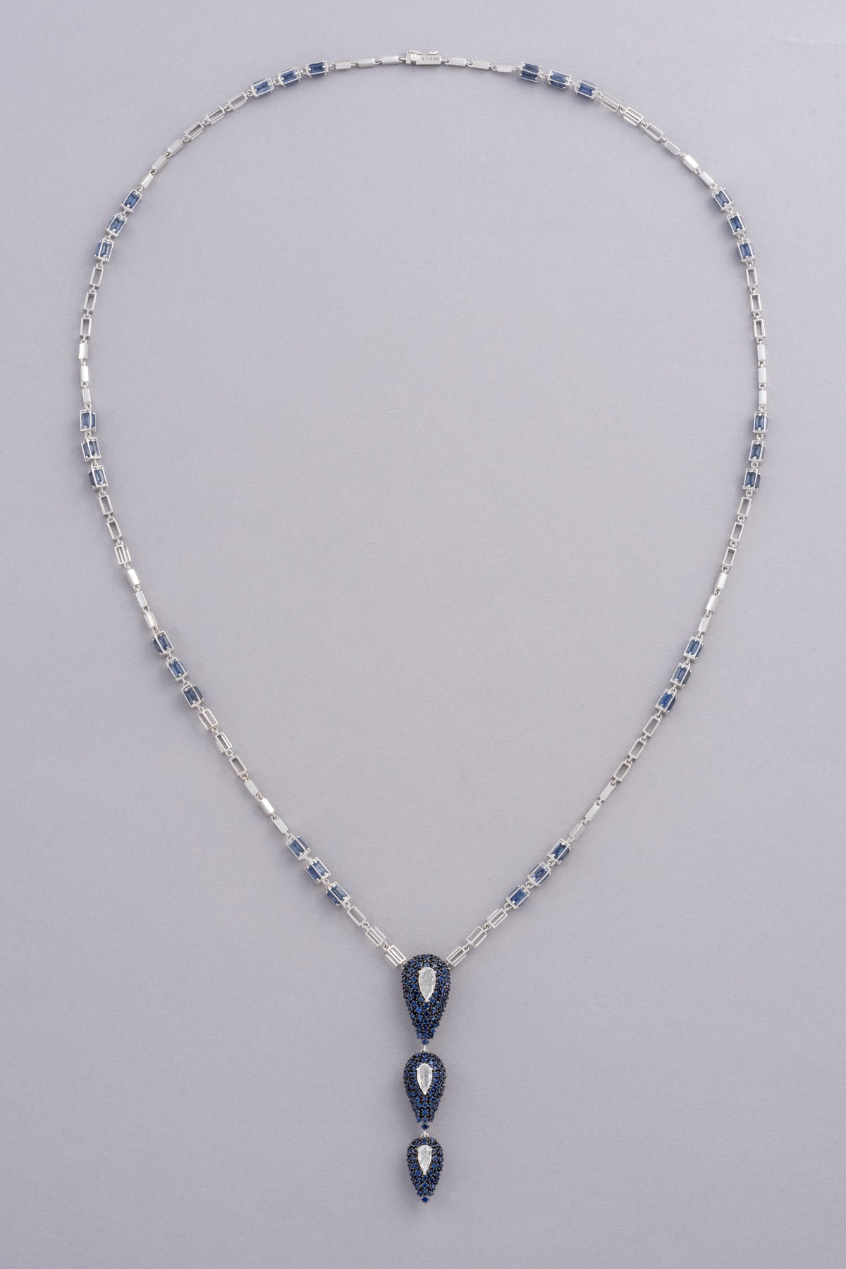 DEW Cascade Necklace, White Gold, Rose-cut Diamonds and Blue Sapphires