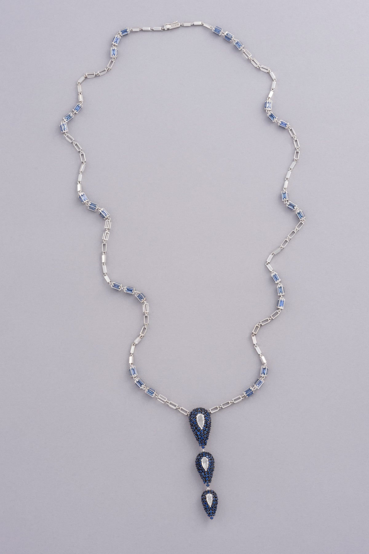 DEW Cascade Necklace, White Gold, Rose-cut Diamonds and Blue Sapphires