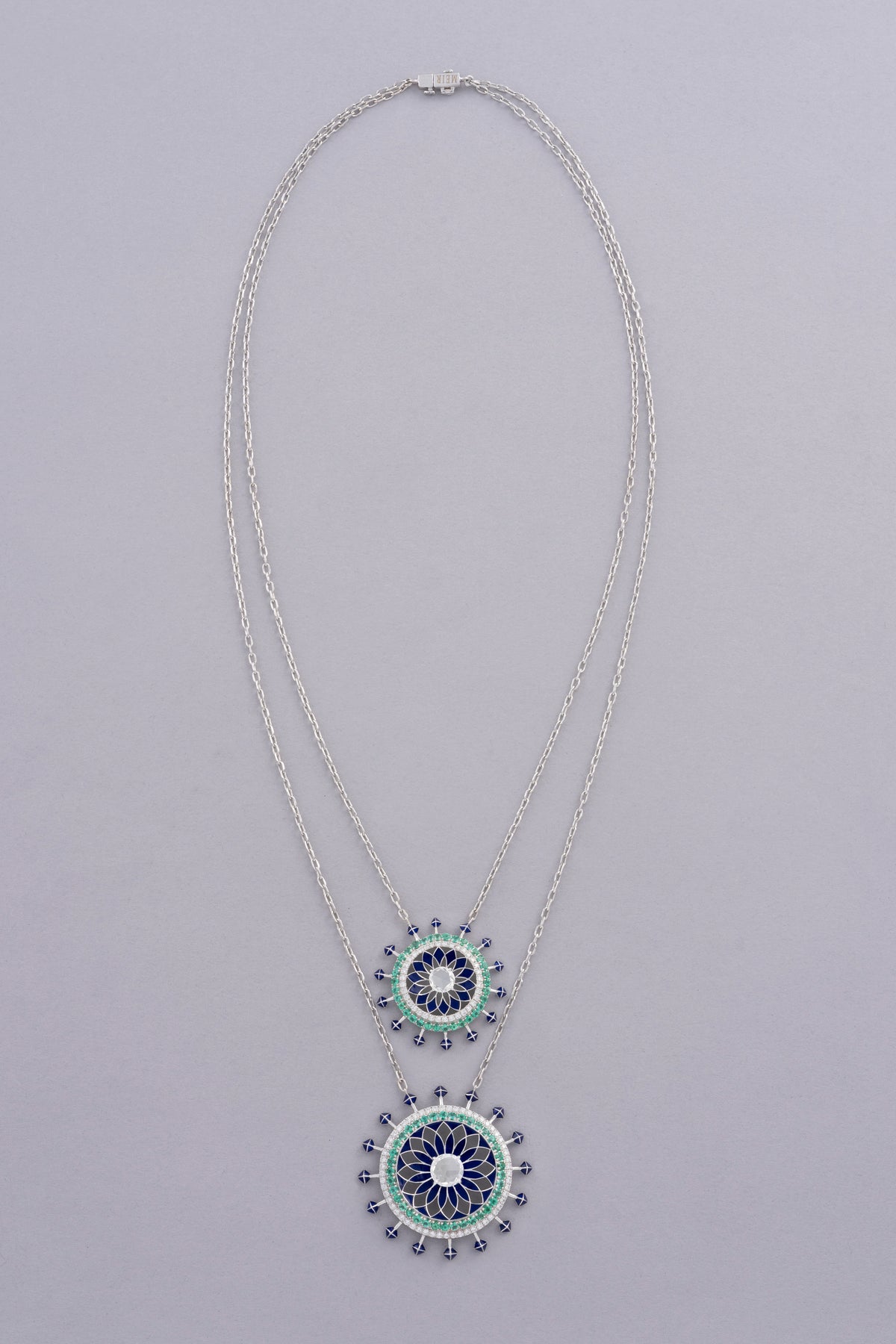 NOVA Medallion Necklace, White Gold, Rose-cut Diamonds and Emeralds