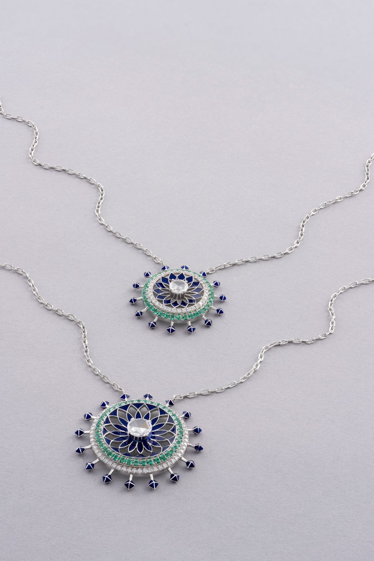 NOVA Medallion Necklace, White Gold, Rose-cut Diamonds and Emeralds