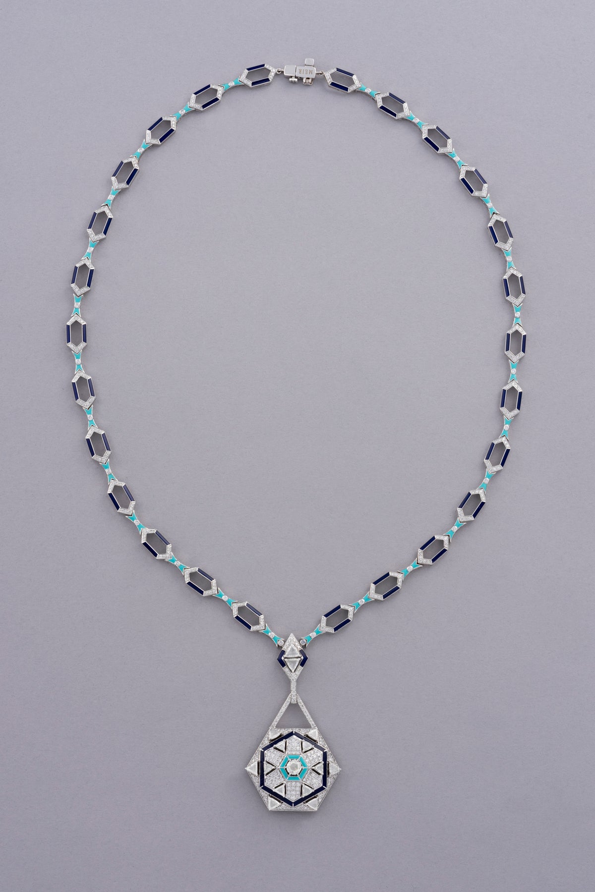 HEXA Honeycomb Halo Necklace, White Gold, Rose-cut Diamonds and Ceramic Enamel
