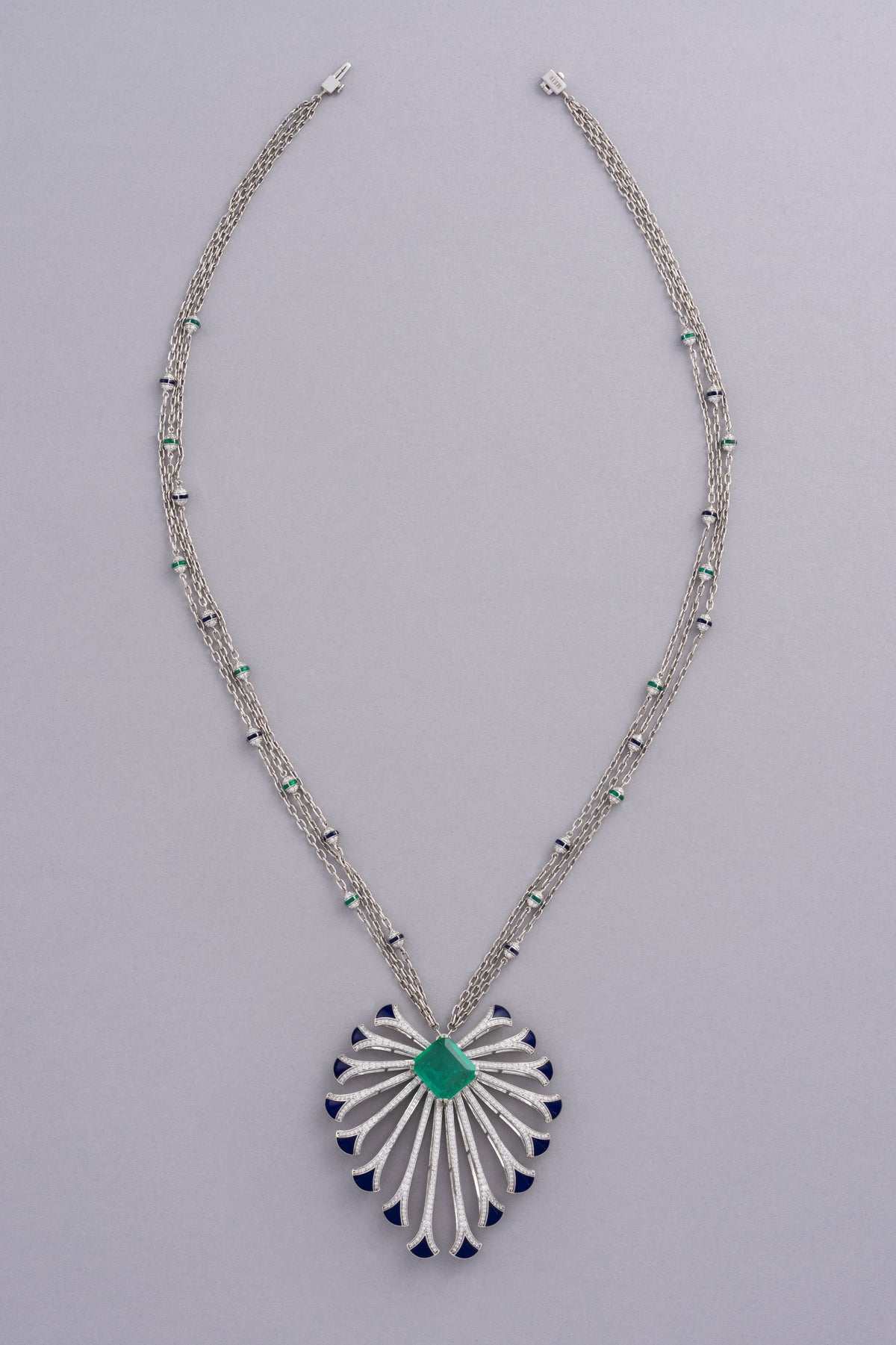PLUME Feather Necklace, White Gold, Brilliant-cut Diamonds and Emeralds