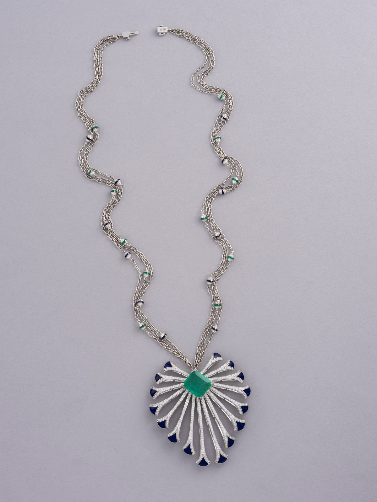 PLUME Feather Necklace, White Gold, Brilliant-cut Diamonds and Emeralds