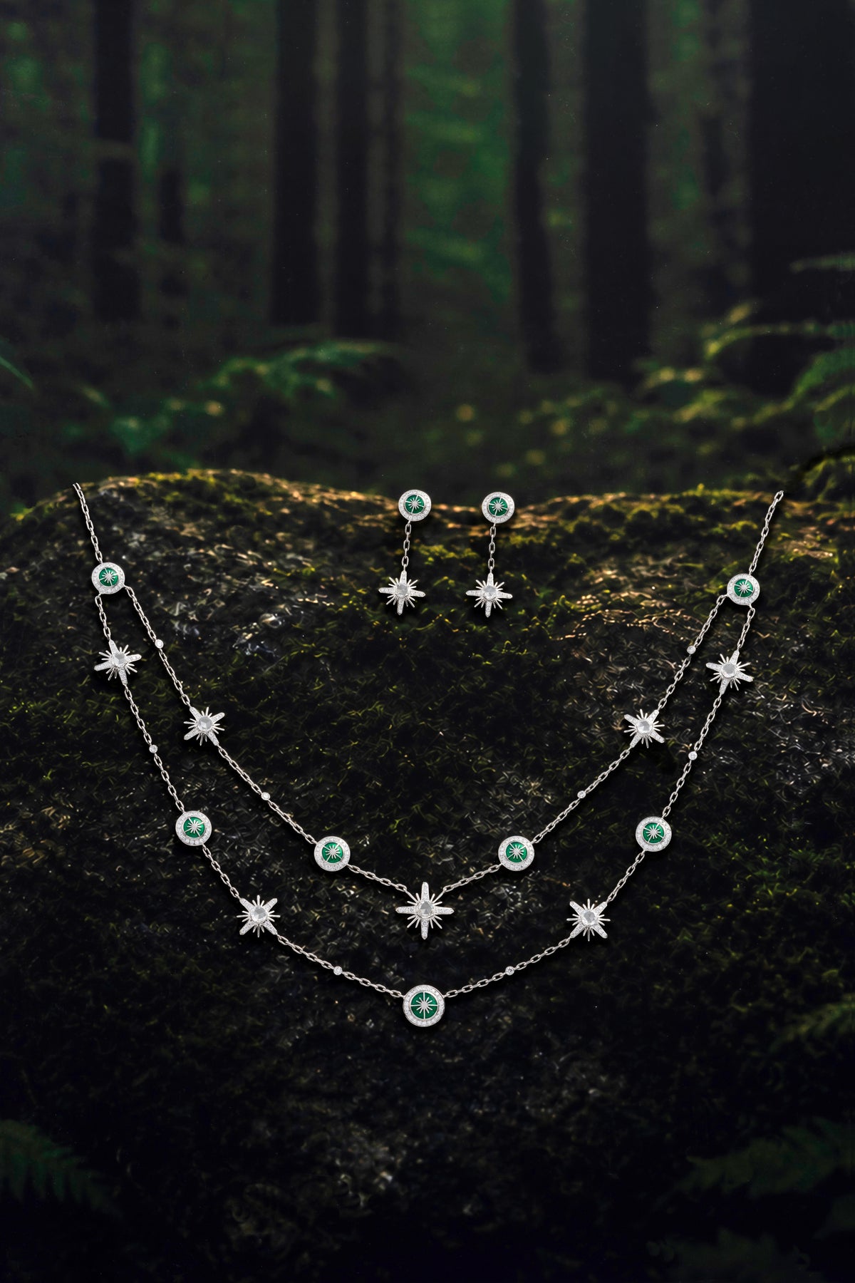 CROWN Medallion Necklace, White Gold, Rose-cut Diamonds and Ceramic Enamel
