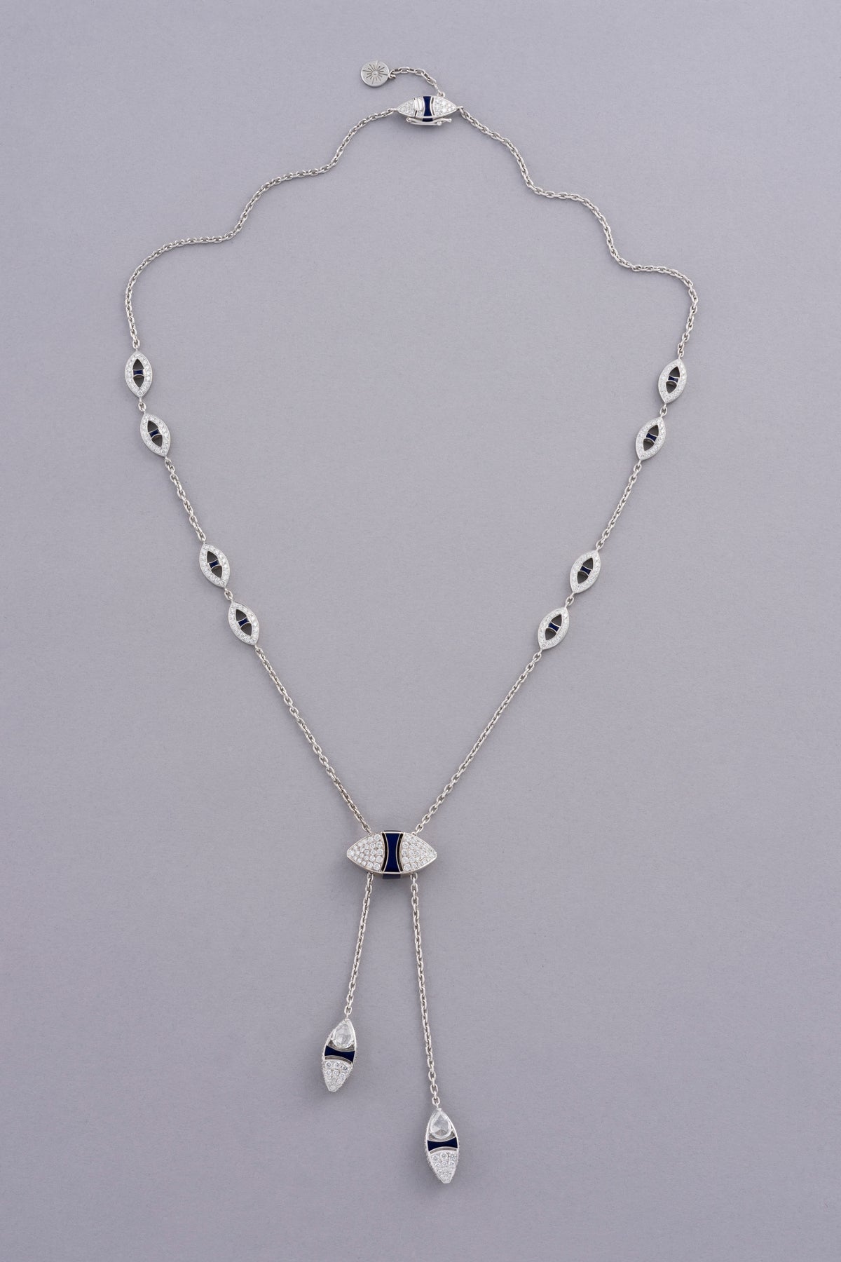 DEW Lariat Necklace, White Gold, Rose-cut Diamonds and Ceramic Enamel