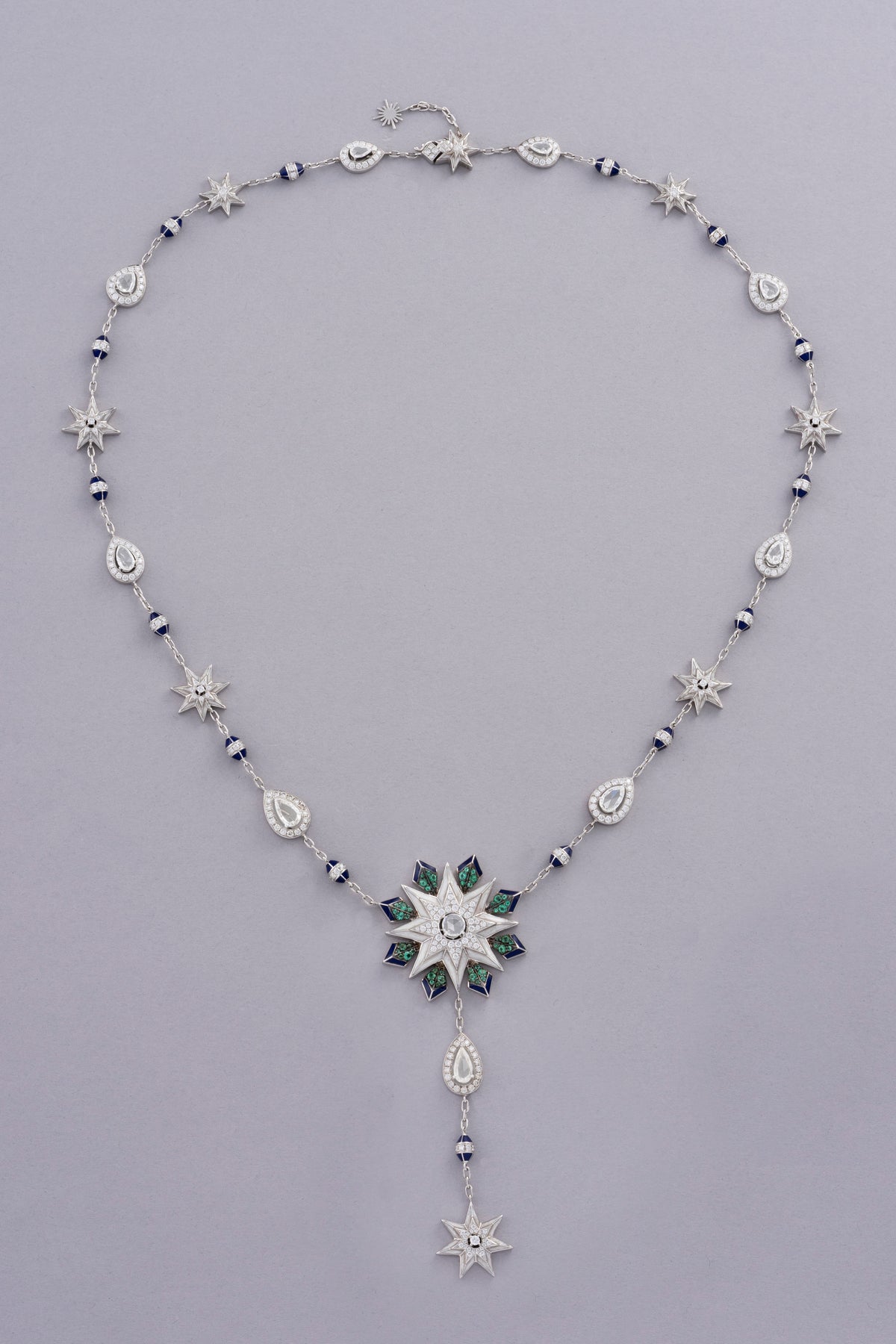 NOVA Starburst Necklace, White Gold, Rose-cut Diamonds and Emeralds