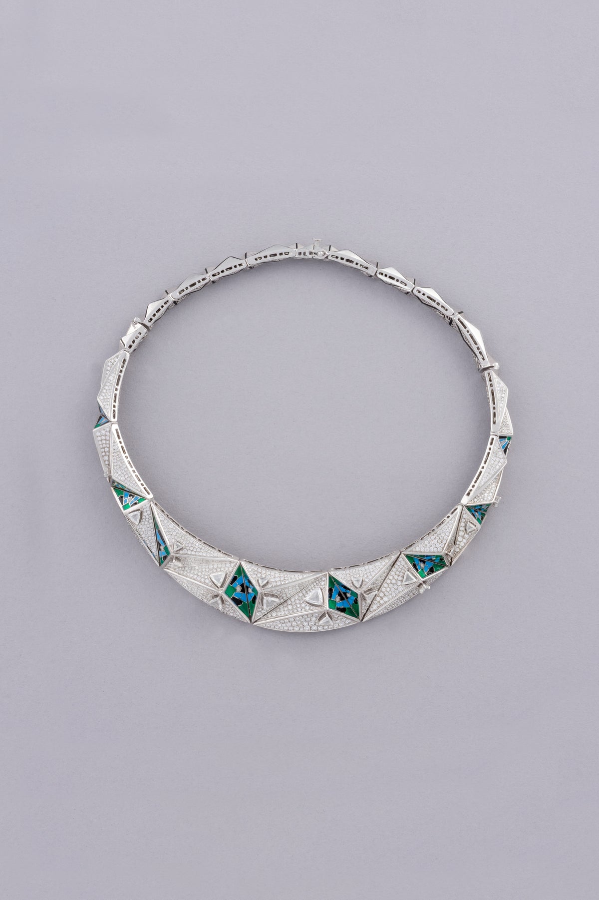 PRISM Mosaic Necklace, White Gold, Rose-cut Diamonds and Ceramic Enamel