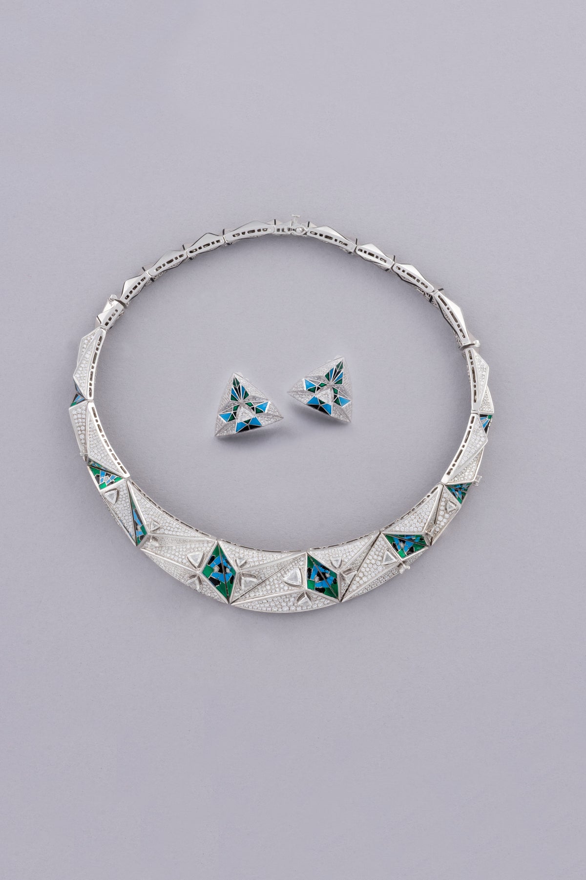 PRISM Mosaic Necklace, White Gold, Rose-cut Diamonds and Ceramic Enamel