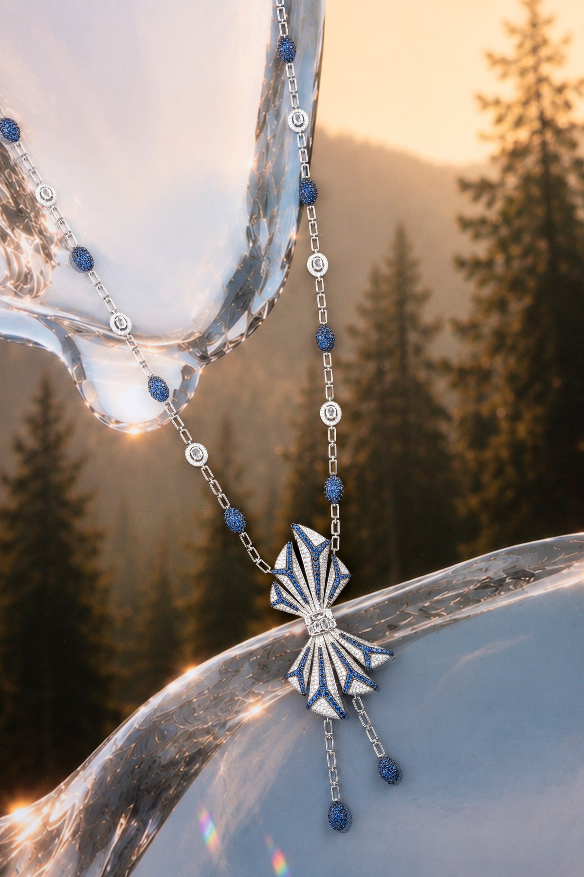 PRISM Bow Necklace, White Gold, Rose-cut Diamonds and Blue Sapphires