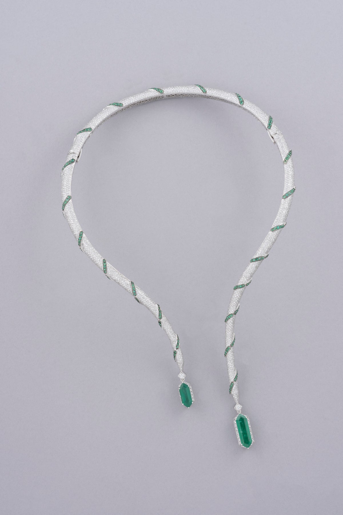 LINK Hexagon Necklace, White Gold, Brilliant-cut Diamonds and Emeralds