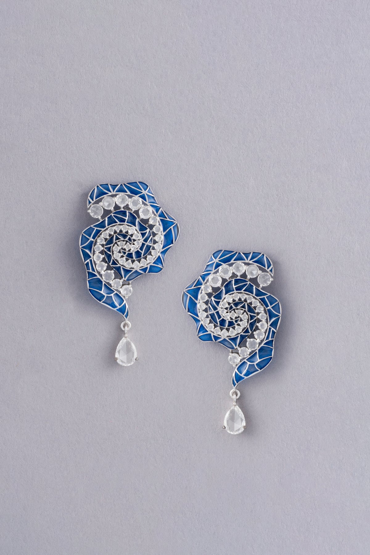 Spiral Earrings, White Gold, Rose-cut Diamonds and Ceramic Enamel
