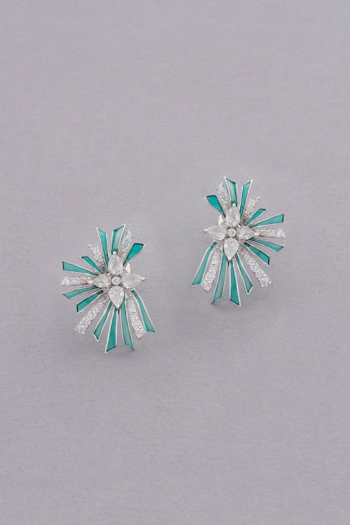 Starburst Cluster Earrings, White Gold, Rose-cut Diamonds and Ceramic Enamel