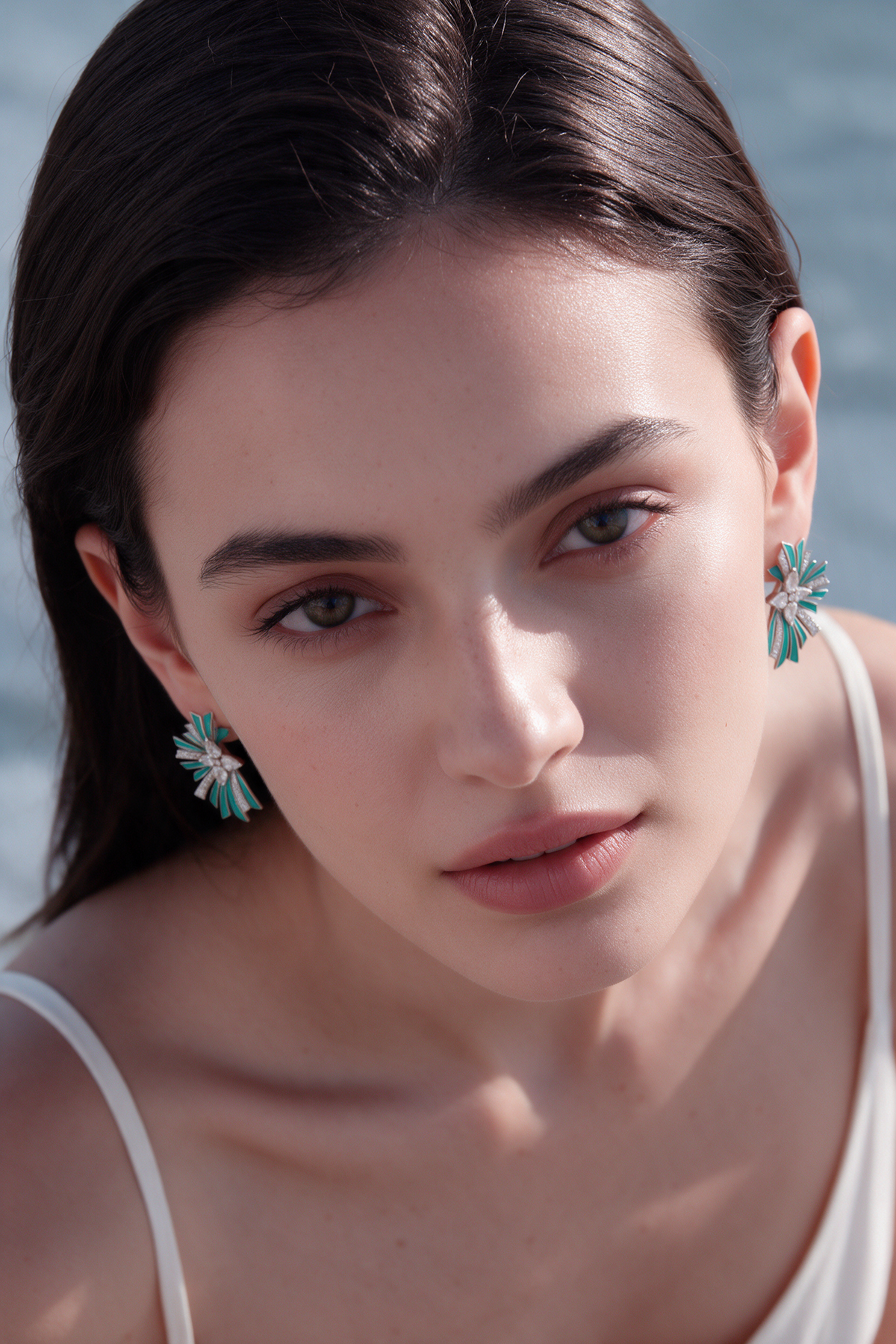 Starburst Cluster Earrings, White Gold, Rose-cut Diamonds and Ceramic Enamel