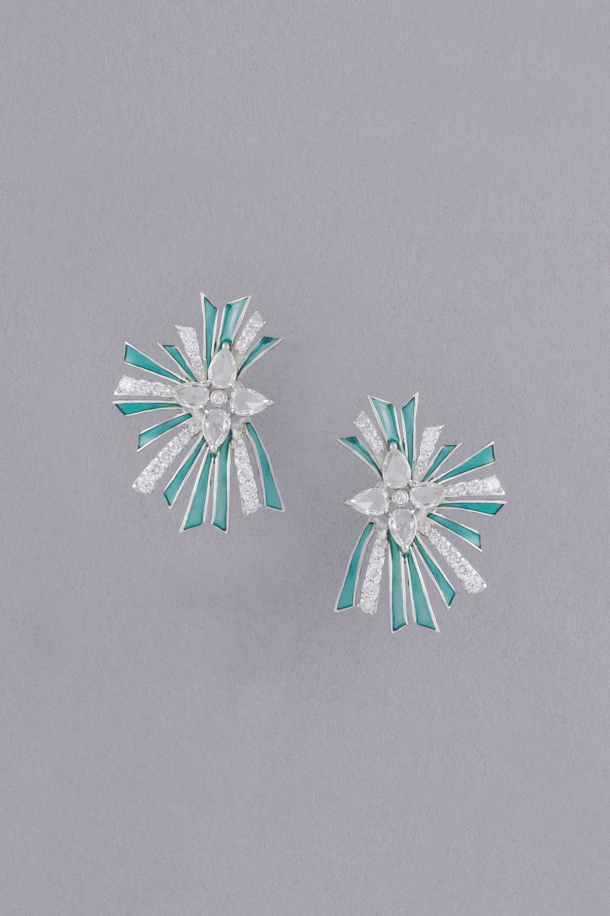Starburst Cluster Earrings, White Gold, Rose-cut Diamonds and Ceramic Enamel