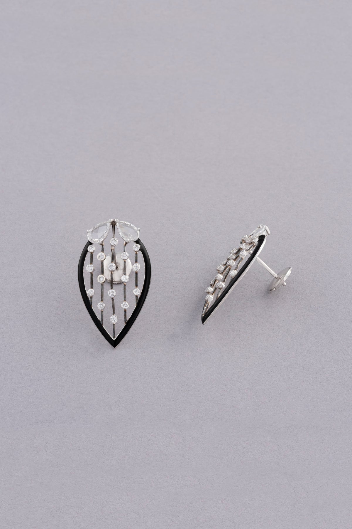 Leaf Earrings, White Gold, Rose-cut Diamonds and Ceramic Enamel