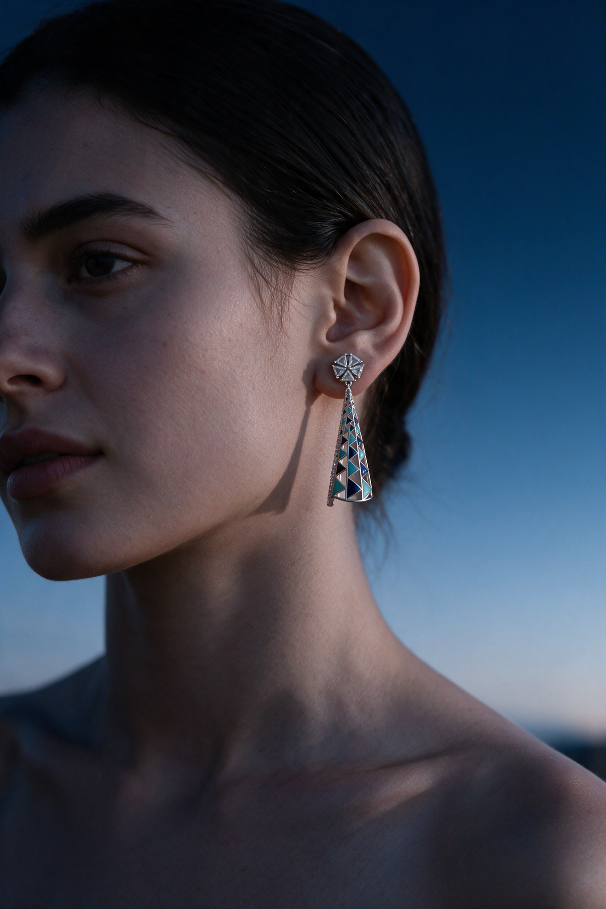Spire Earrings, White Gold, Rose-cut Diamonds and Ceramic Enamel