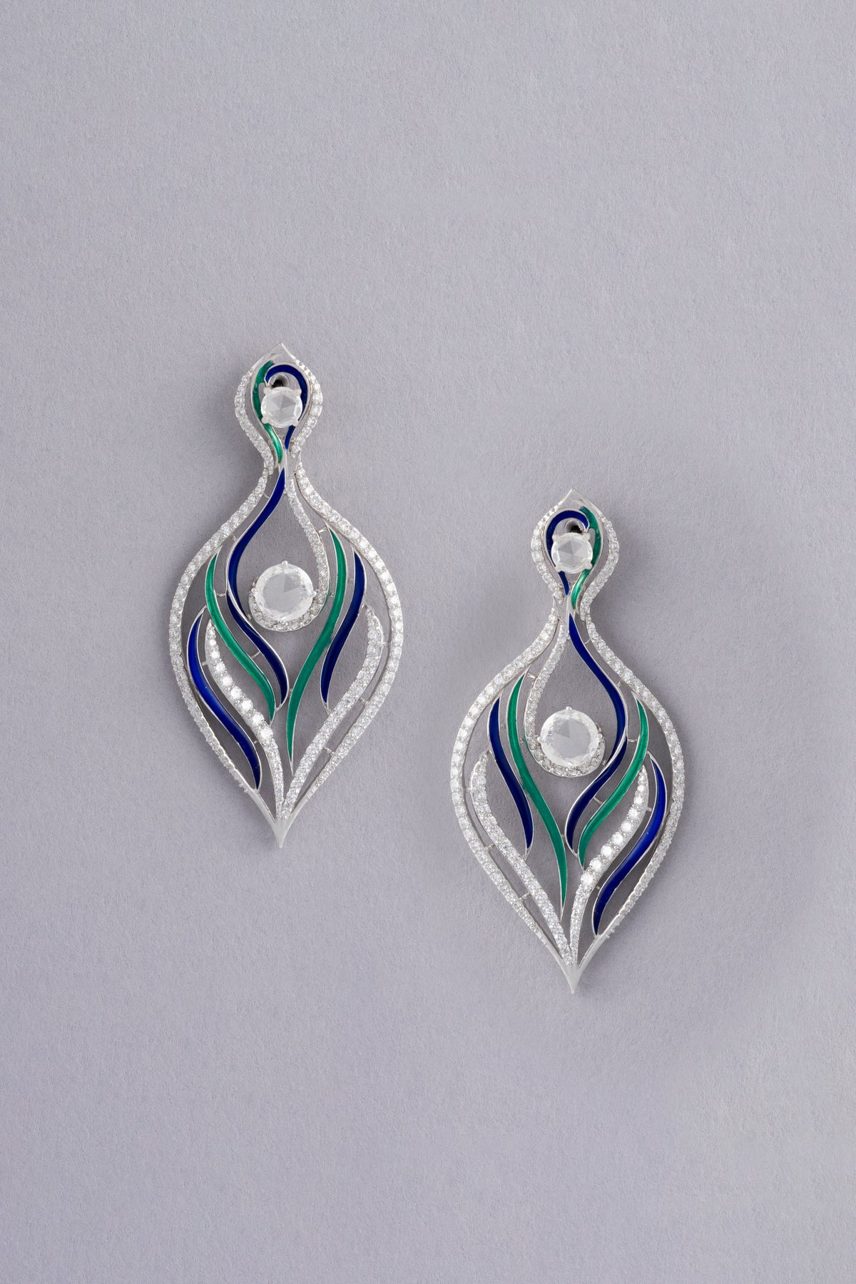 PLUME Earrings, White Gold, Rose-cut Diamonds and Ceramic Enamel