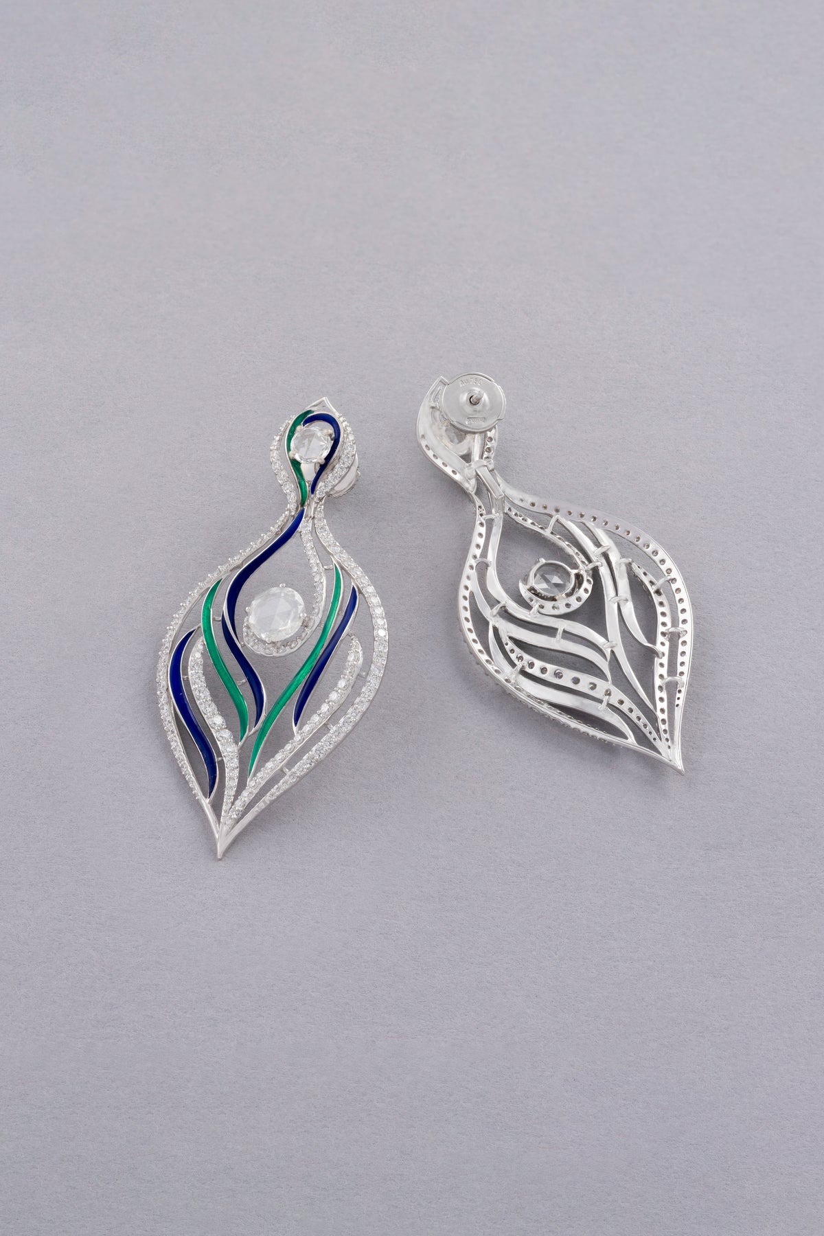 PLUME Earrings, White Gold, Rose-cut Diamonds and Ceramic Enamel