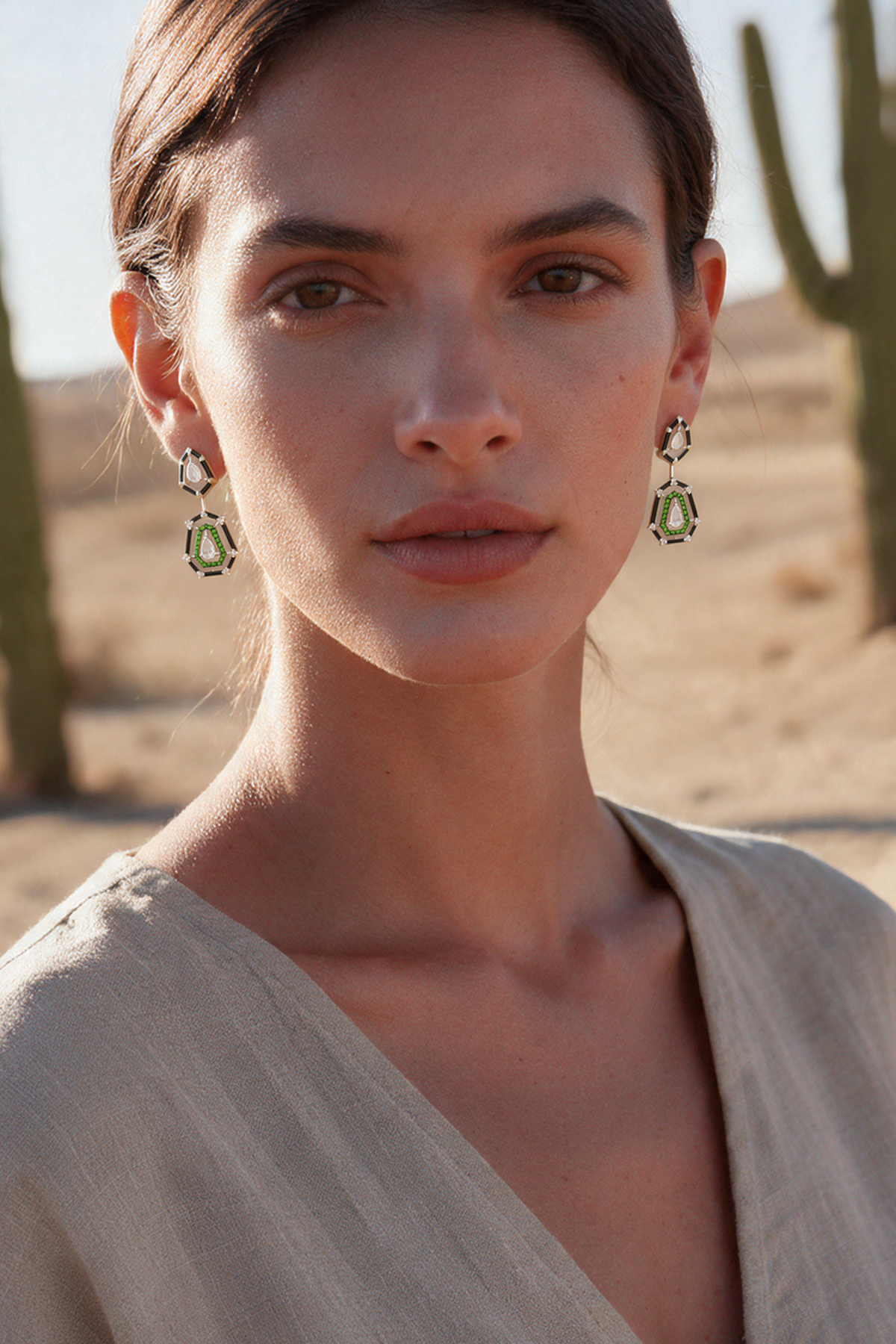 Halo Drop Earrings, White Gold, Rose-cut Diamonds and Tsavorite
