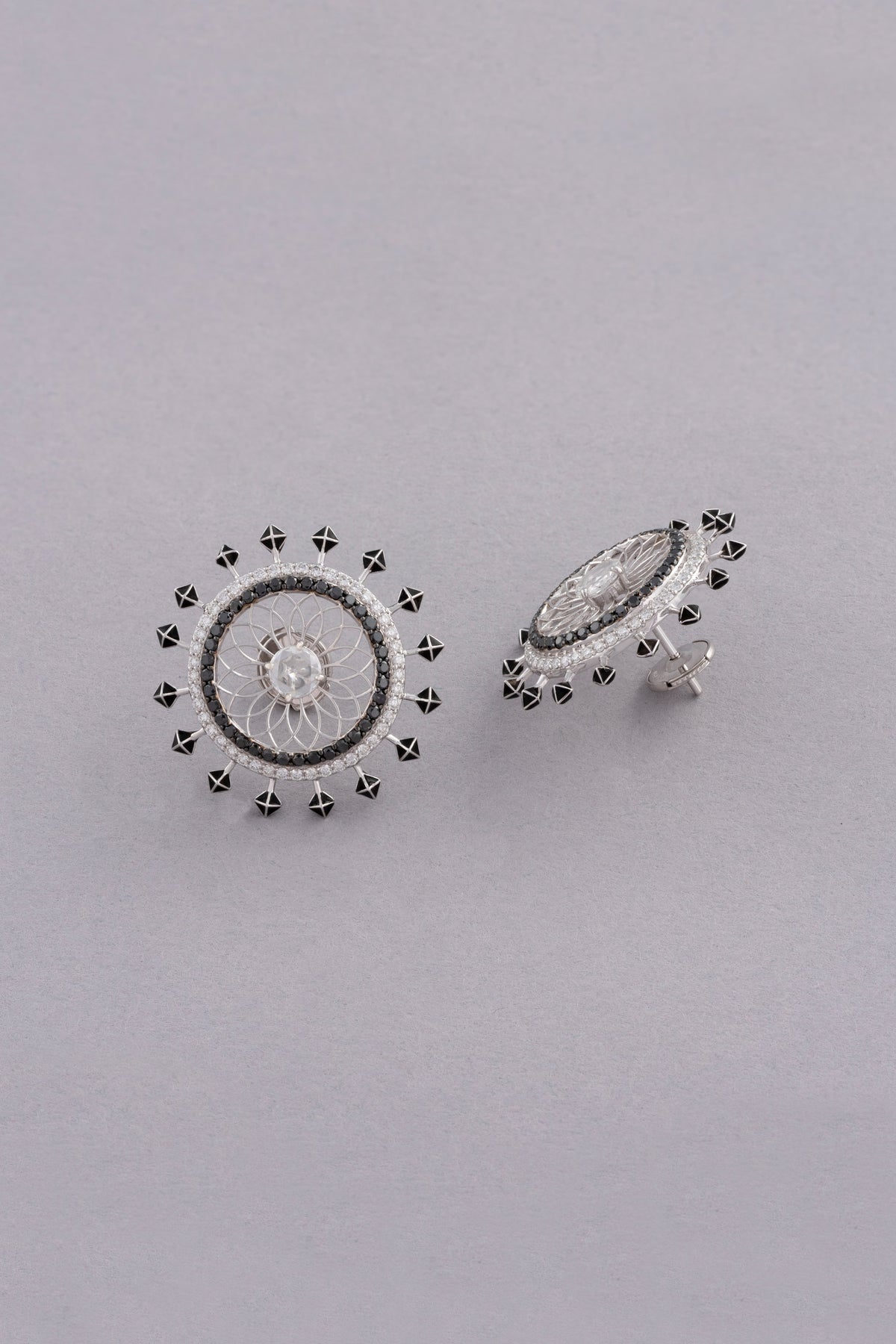 NOVA Medallion Earrings, White Gold, Rose-cut Diamonds and Ceramic Enamel