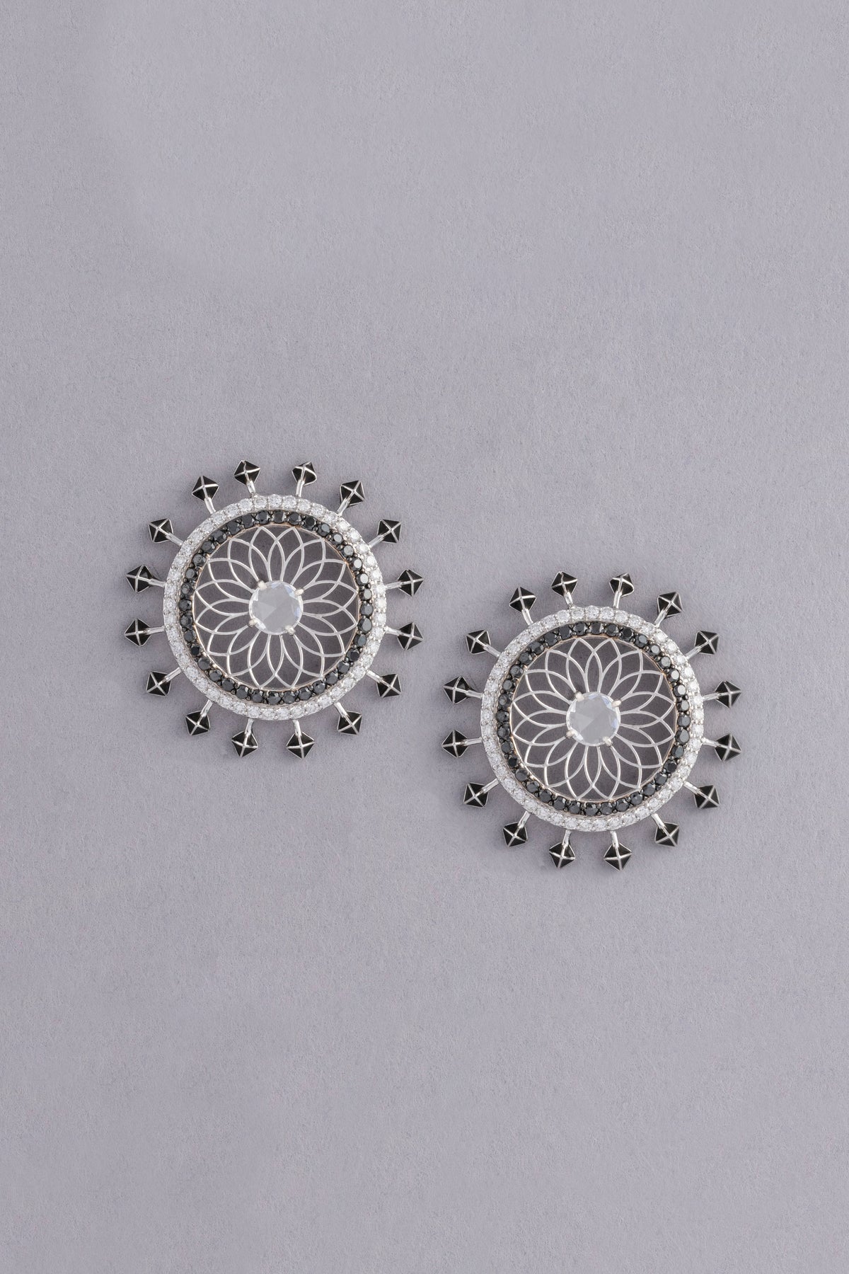 NOVA Medallion Earrings, White Gold, Rose-cut Diamonds and Ceramic Enamel