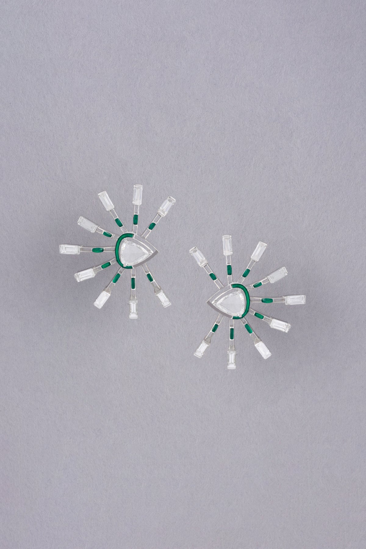 PRISM Sunburst Earrings, White Gold, Rose-cut Diamonds and Ceramic Enamel