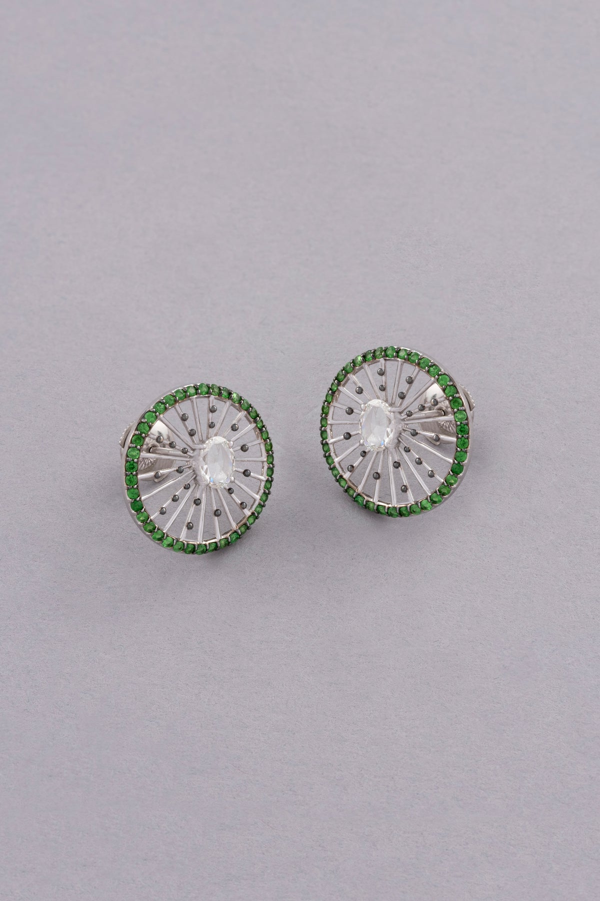 Wheel Earrings, White Gold, Rose-cut Diamonds and Tsavorite