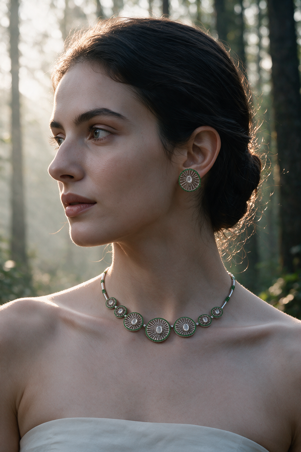 Wheel Earrings, White Gold, Rose-cut Diamonds and Tsavorite
