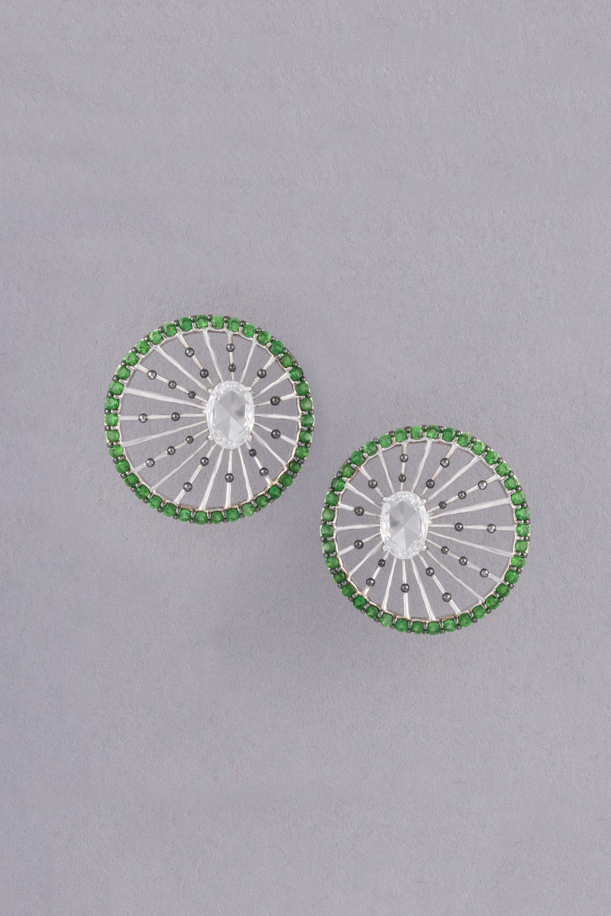 Wheel Earrings, White Gold, Rose-cut Diamonds and Tsavorite