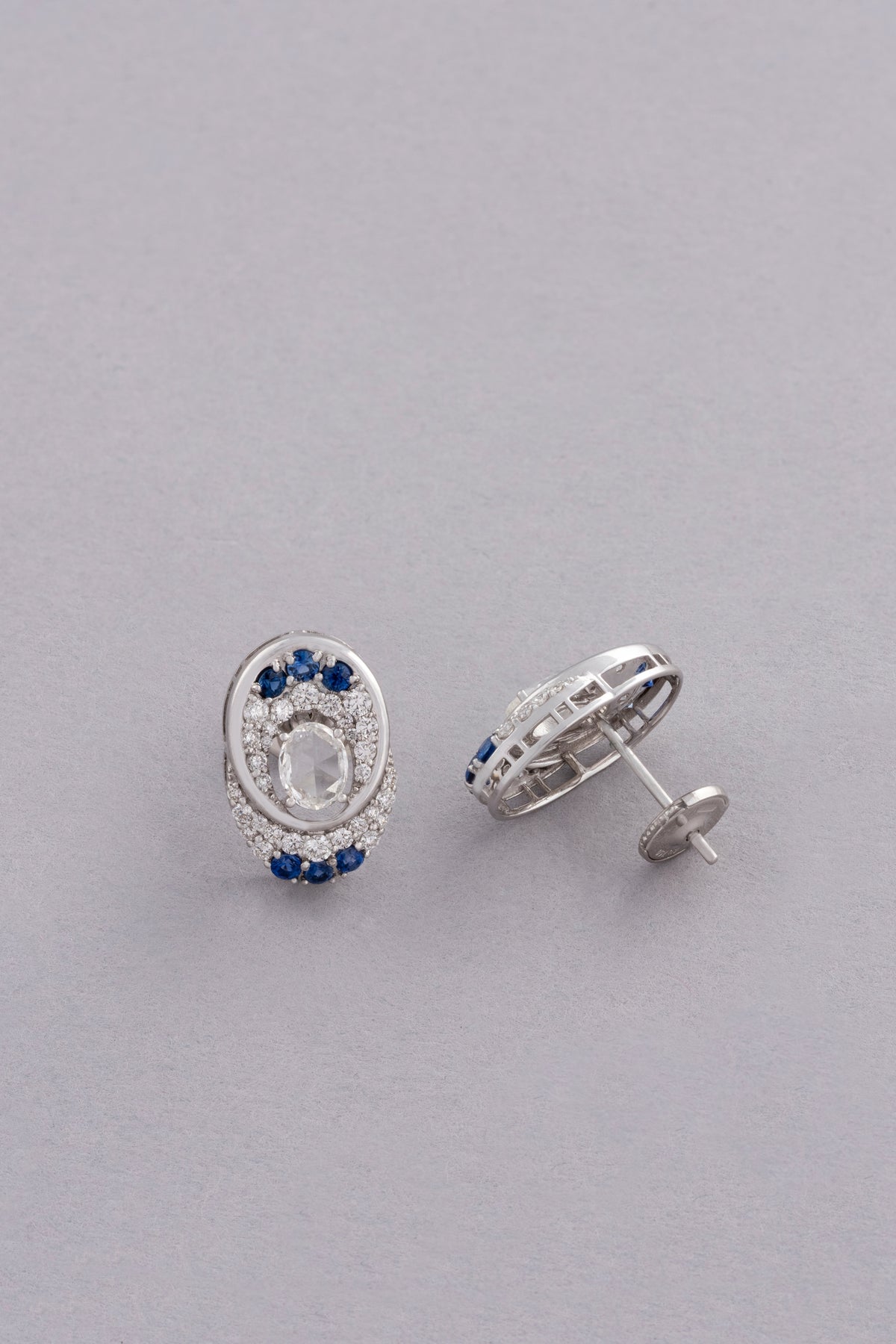 LINK Oval Earrings, White Gold, Rose-cut Diamonds and Blue Sapphires