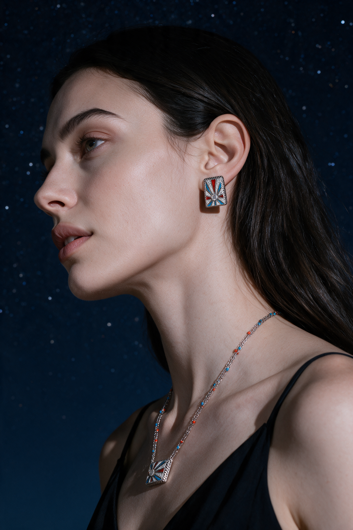 Sunray Earrings, White Gold, Rose-cut Diamonds and Ceramic Enamel