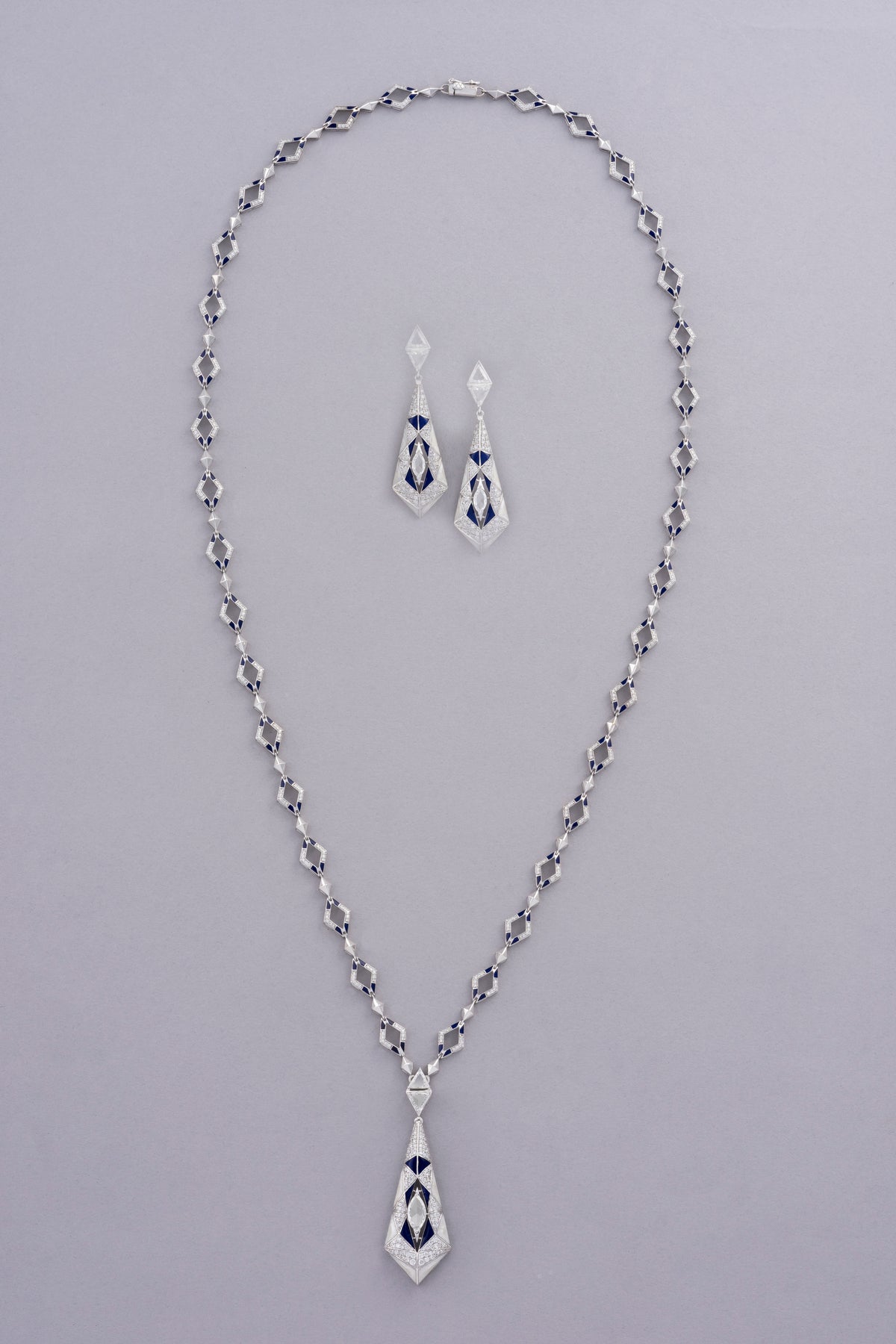 PRISM Deco Earrings, White Gold, Rose-cut Diamonds and Ceramic Enamel