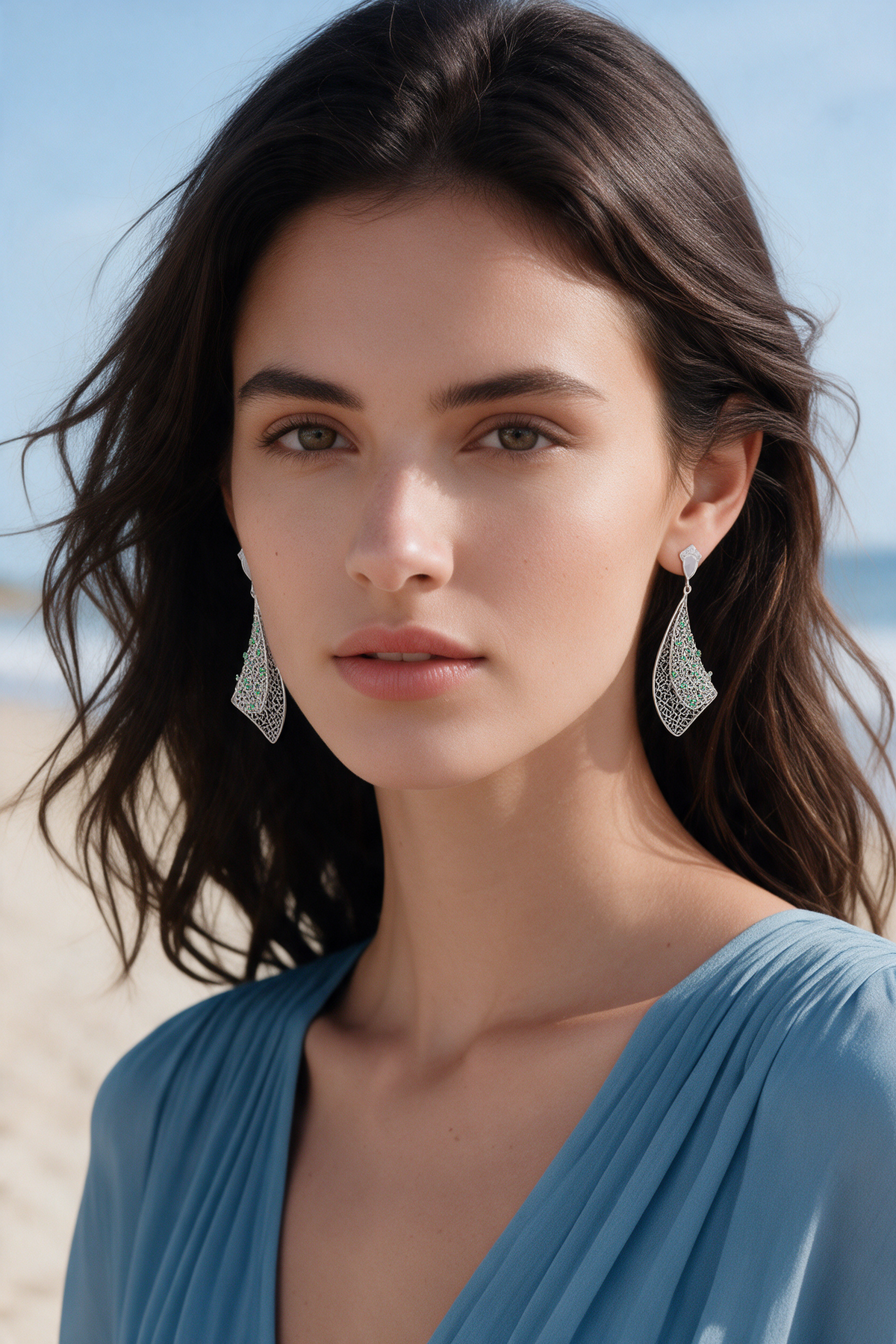 Veil Earrings, White Gold, Rose-cut Diamonds and Emeralds