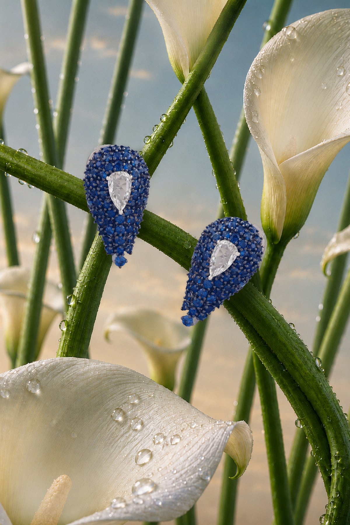 DEW Cascade Earrings, White Gold, Rose-cut Diamonds and Blue Sapphires