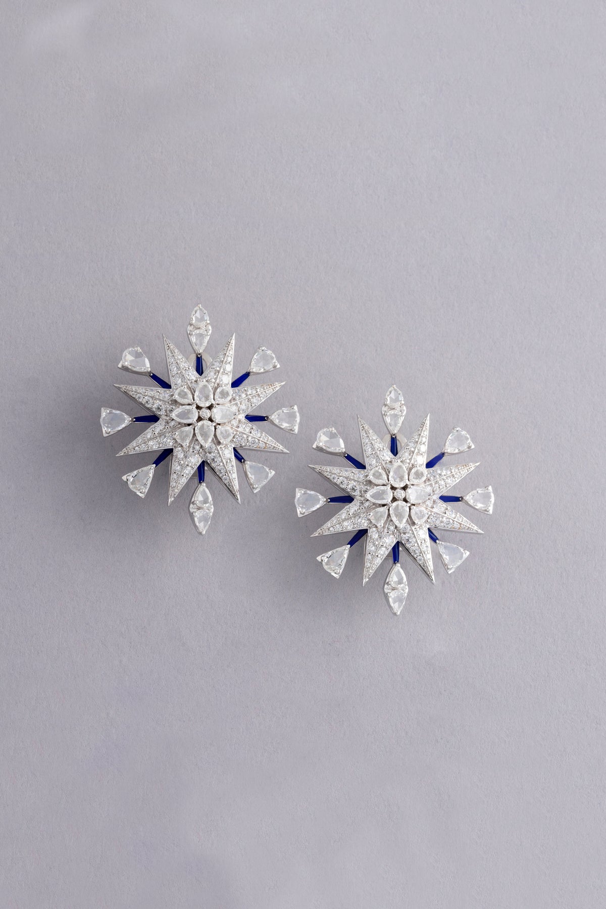 NOVA Radiant Burst Earrings, White Gold, Rose-cut Diamonds and Ceramic Enamel