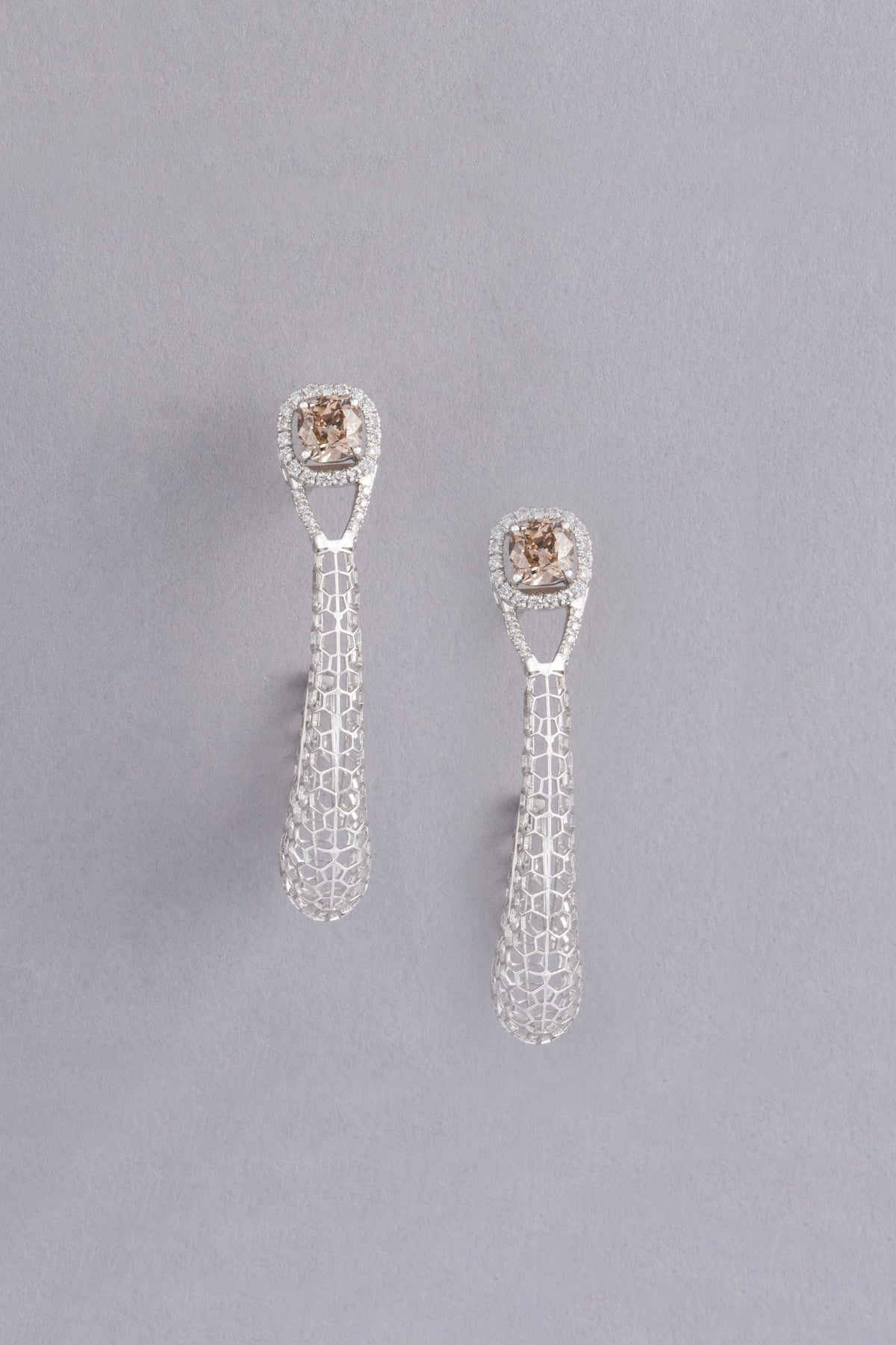 Honeycomb Drop Earrings, White Gold, Rose-cut Diamonds