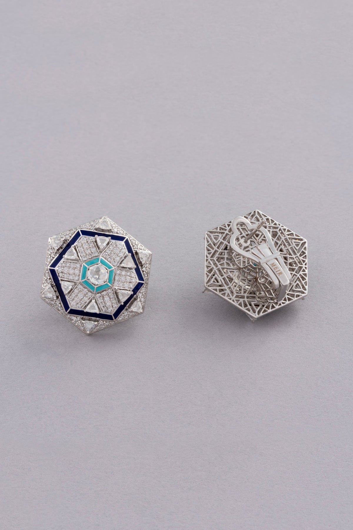 HEXA Honeycomb Halo Earrings, White Gold, Rose-cut Diamonds and Ceramic Enamel
