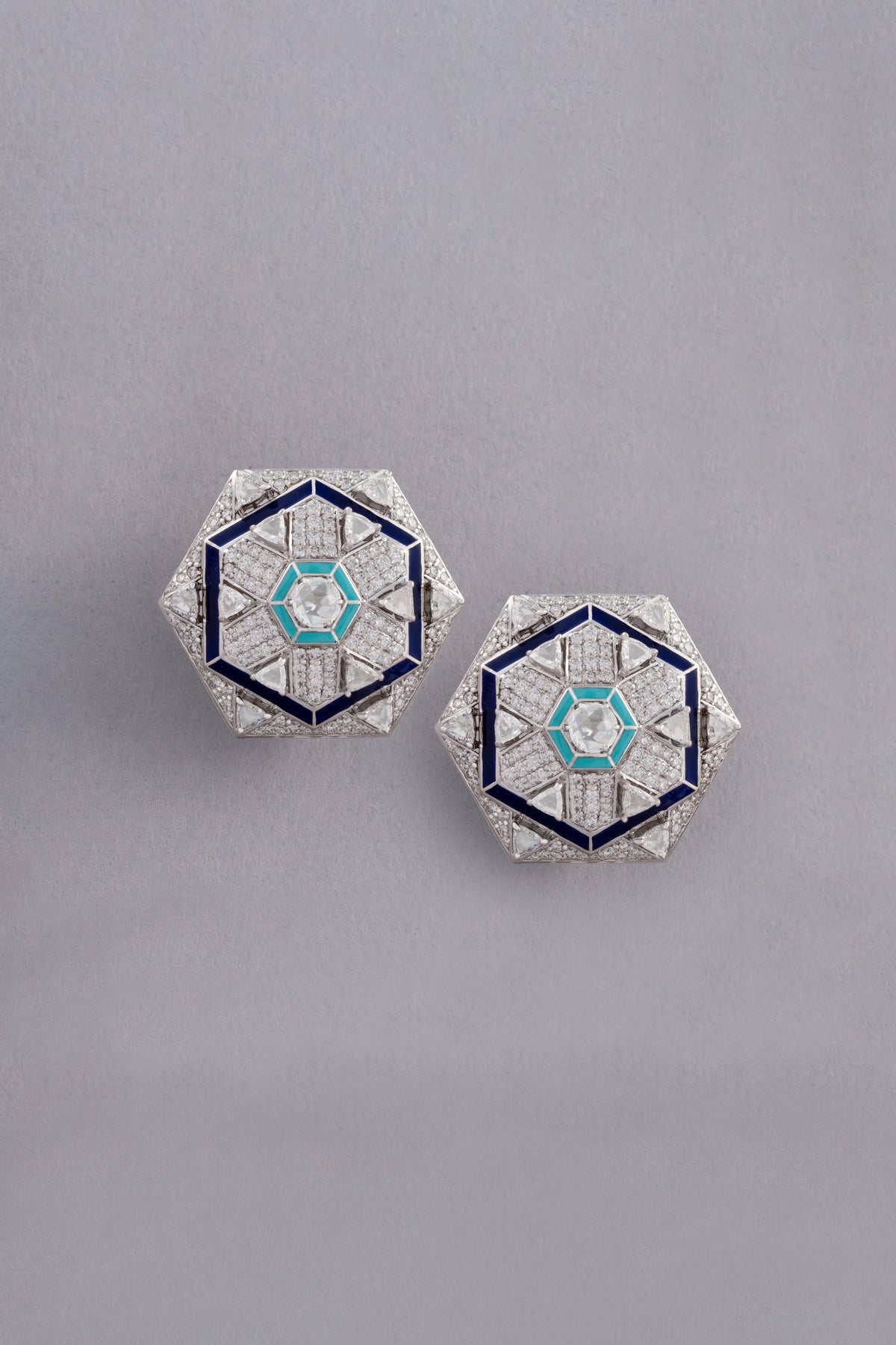 HEXA Honeycomb Halo Earrings, White Gold, Rose-cut Diamonds and Ceramic Enamel
