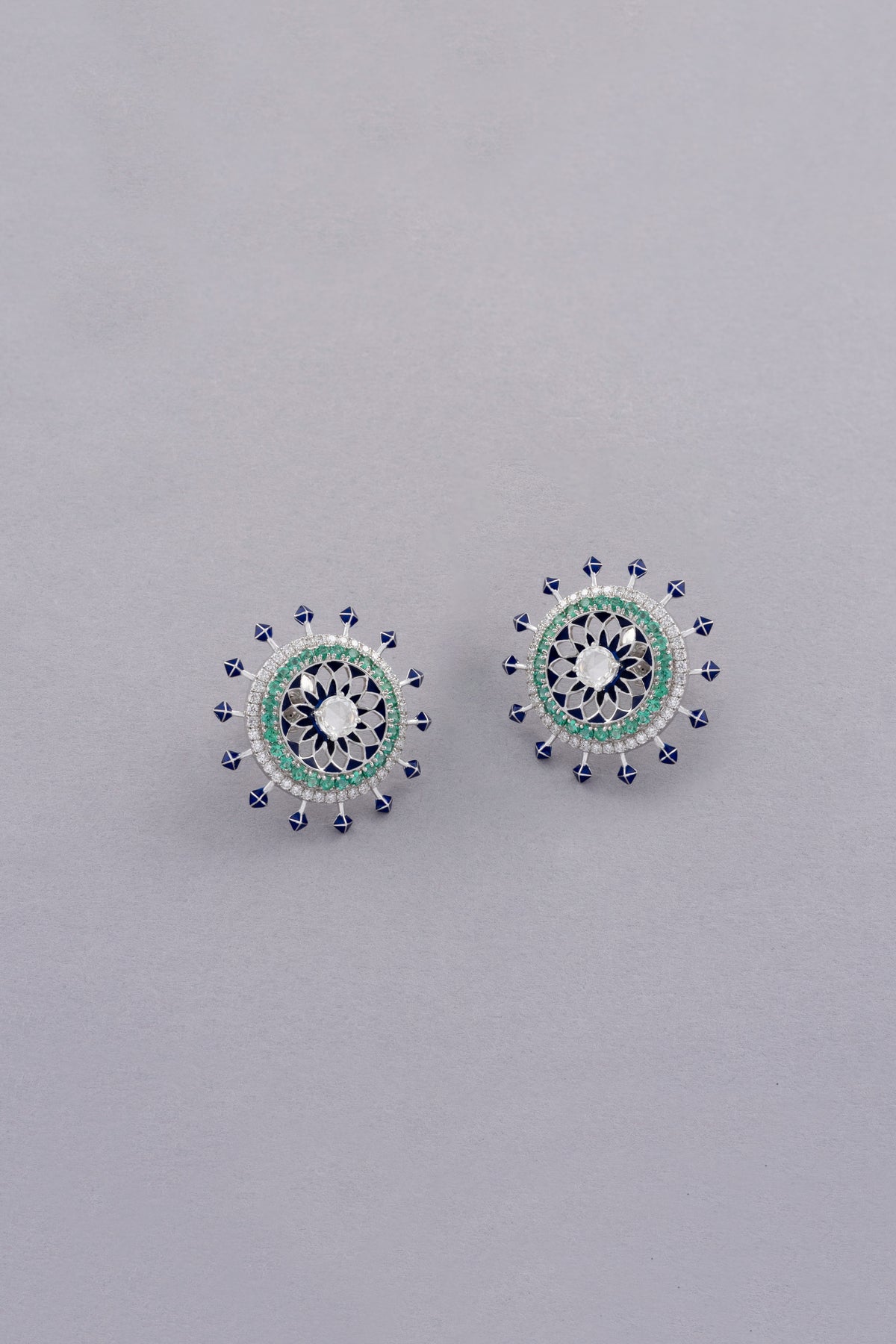 NOVA Medallion Earrings, White Gold, Rose-cut Diamonds and Emeralds