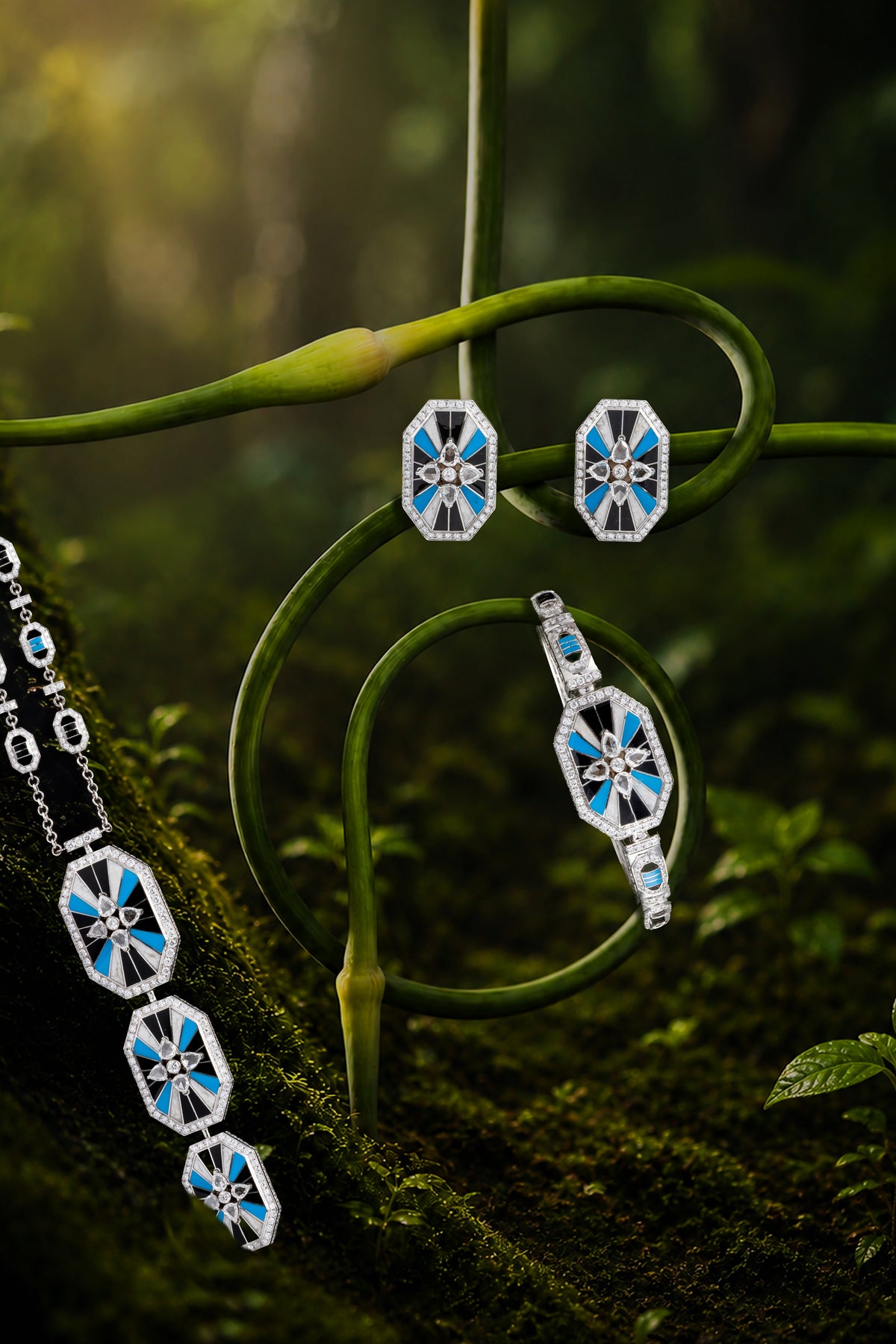 LINK Octagon Earrings, White Gold, Rose-cut Diamonds and Ceramic Enamel