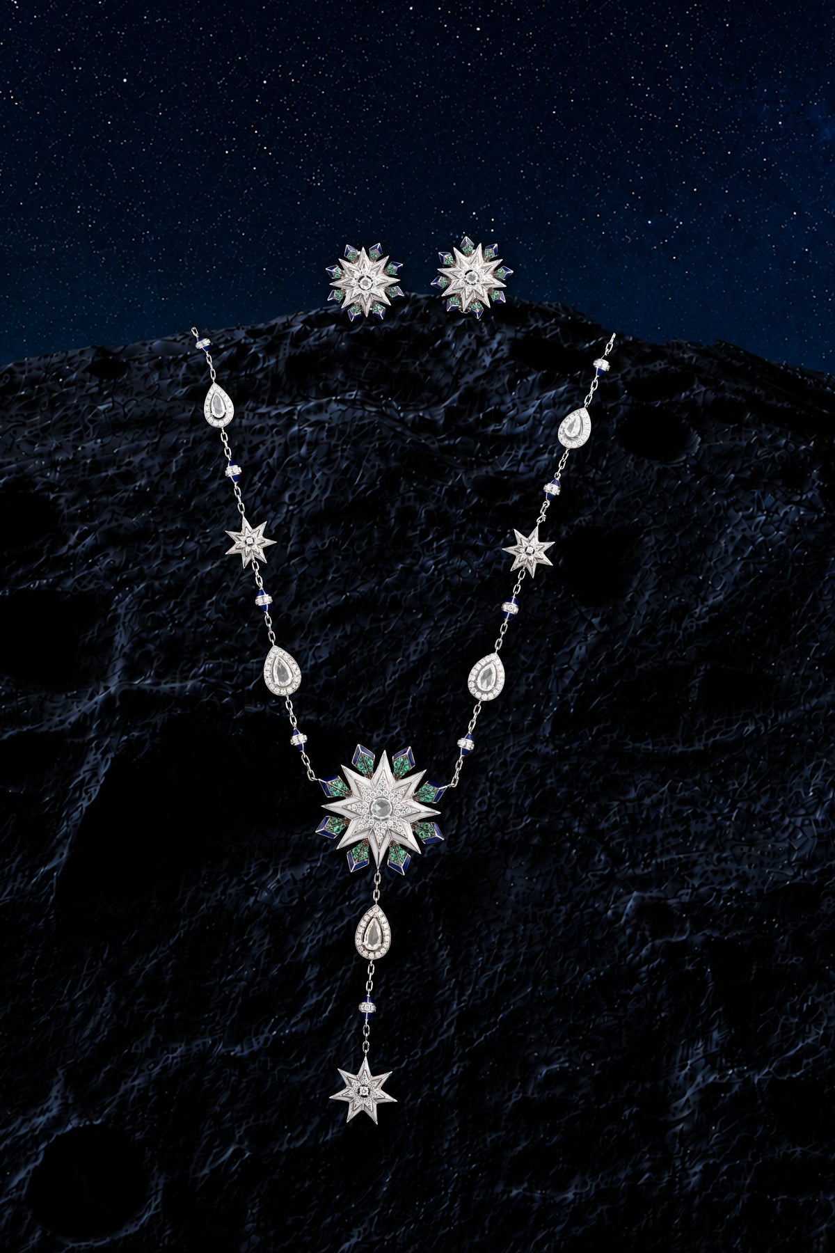 NOVA Starburst Earrings, White Gold, Rose-cut Diamonds and Emeralds