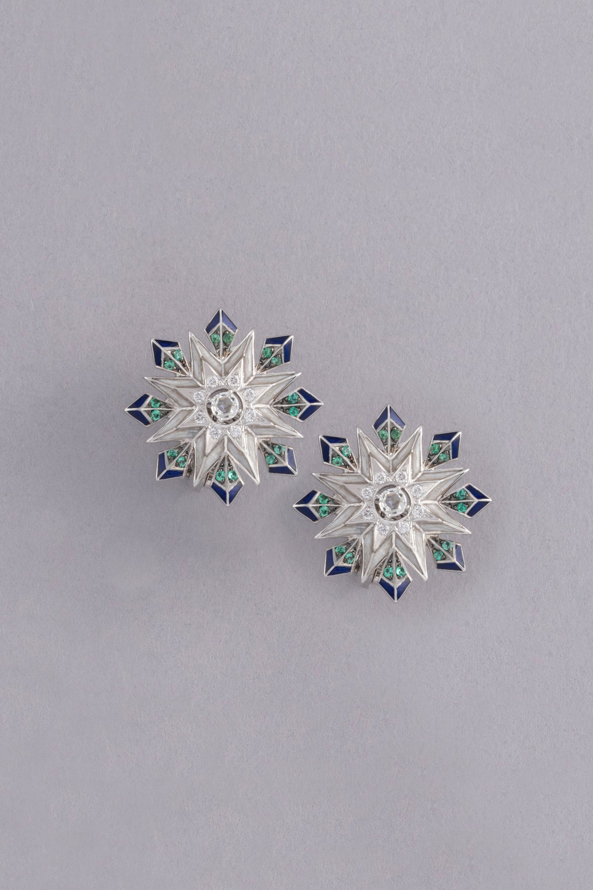 NOVA Starburst Earrings, White Gold, Rose-cut Diamonds and Emeralds