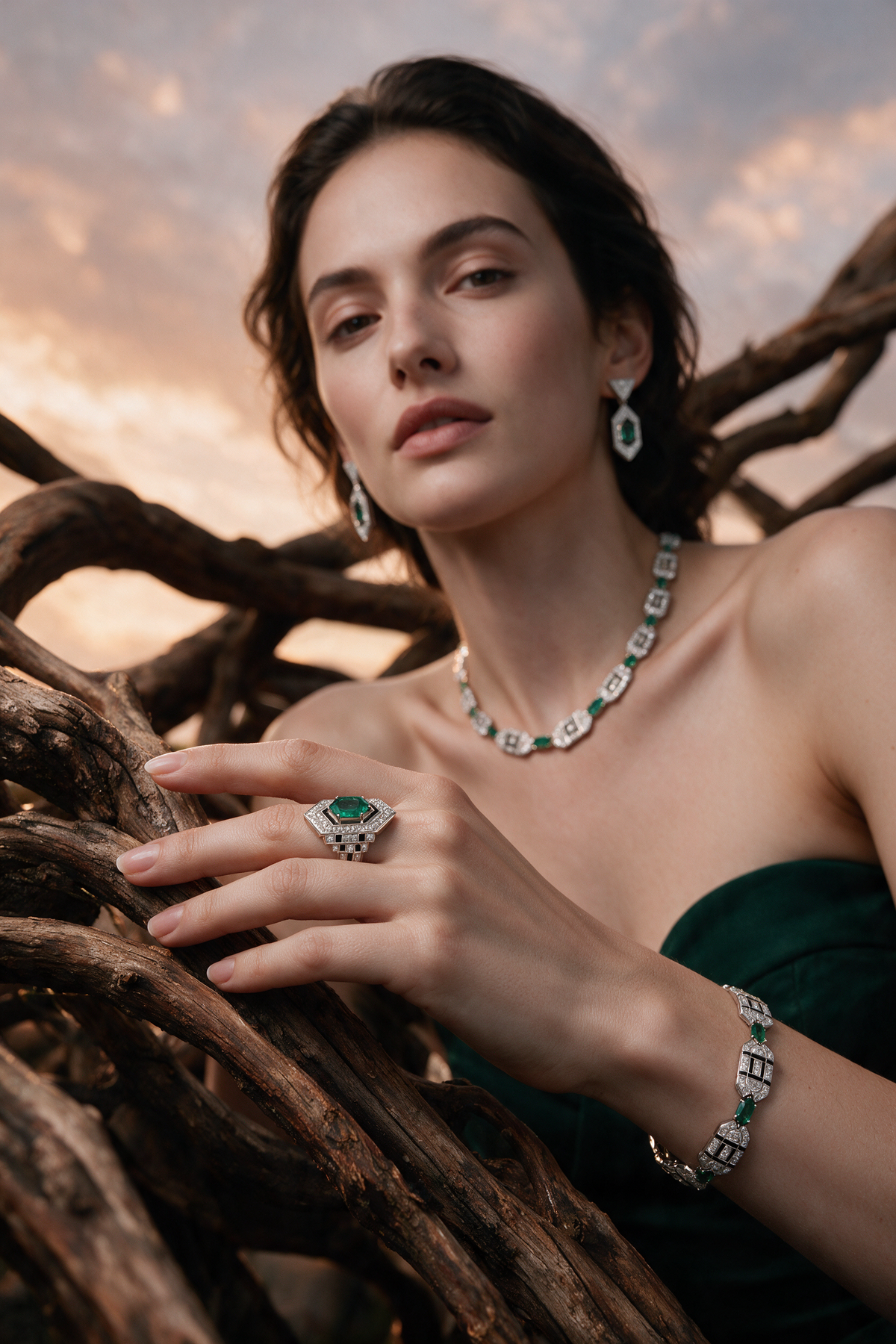 LINK Hexagon Earrings, White Gold, Brilliant-cut Diamonds and Emeralds