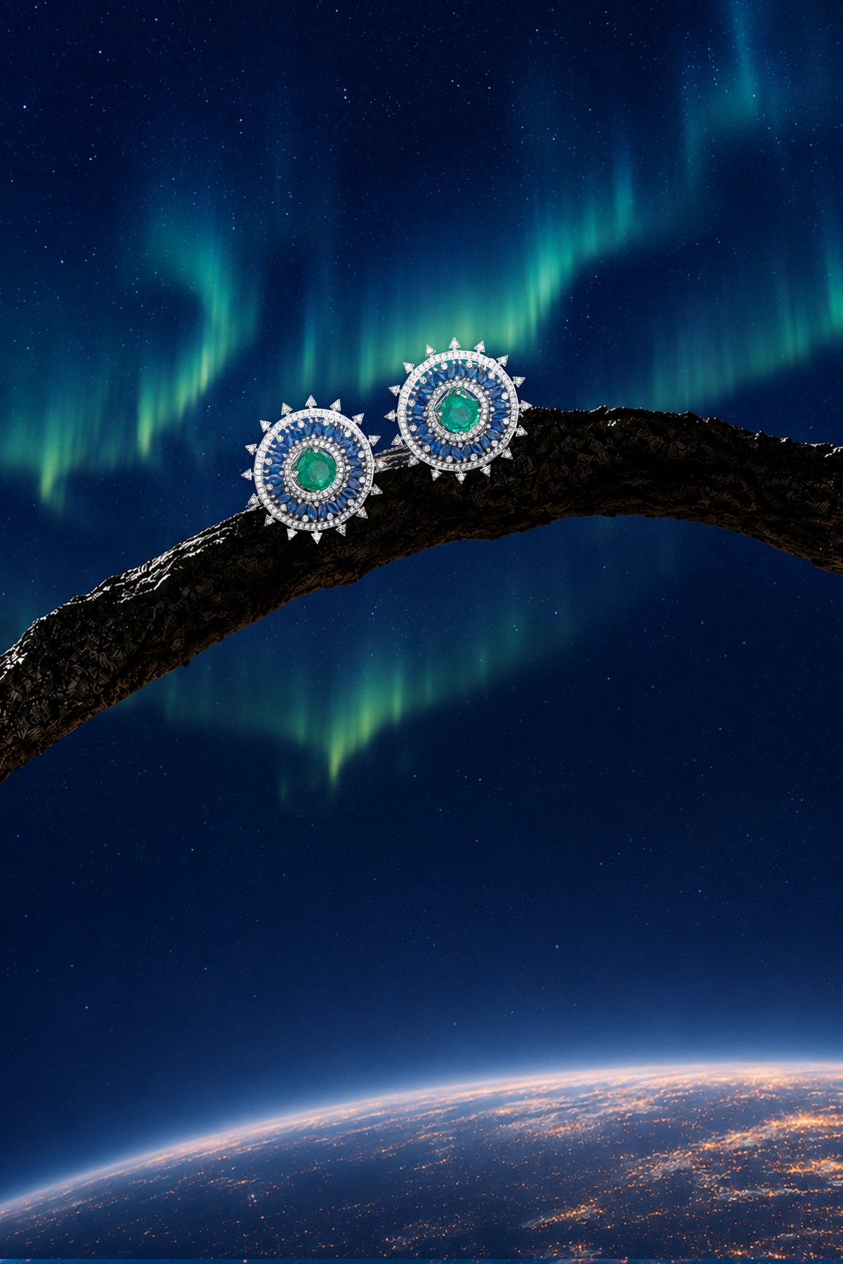 NOVA Constellation Earrings, White Gold, Brilliant-cut Diamonds and Emeralds