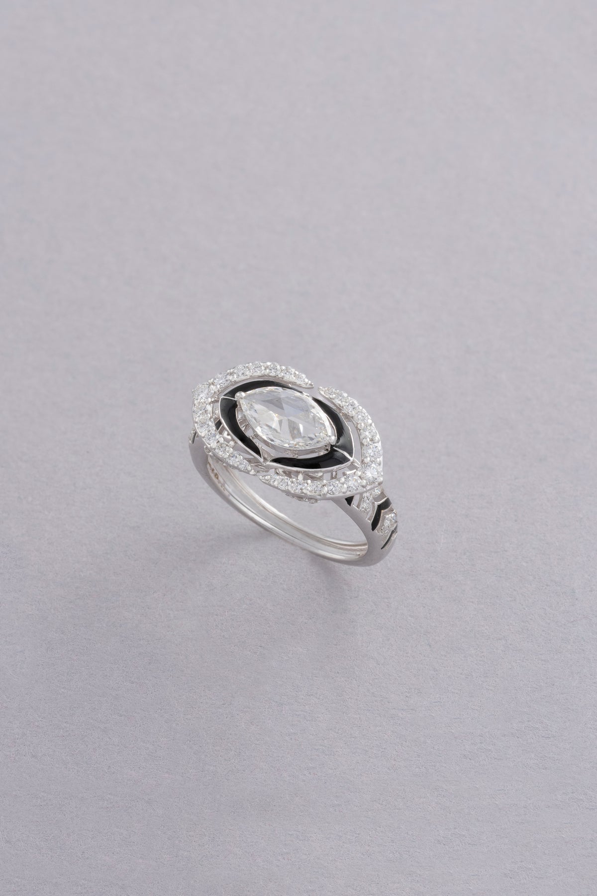 Halo Ring, White Gold, Rose-cut Diamonds and Ceramic Enamel