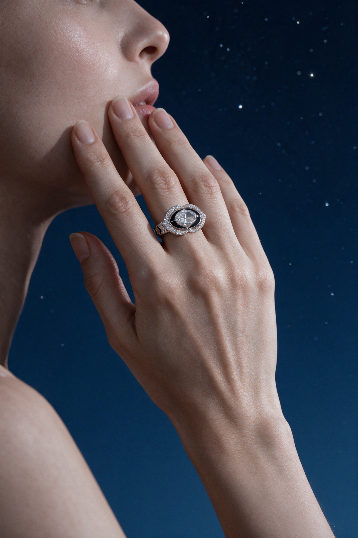 Halo Ring, White Gold, Rose-cut Diamonds and Ceramic Enamel