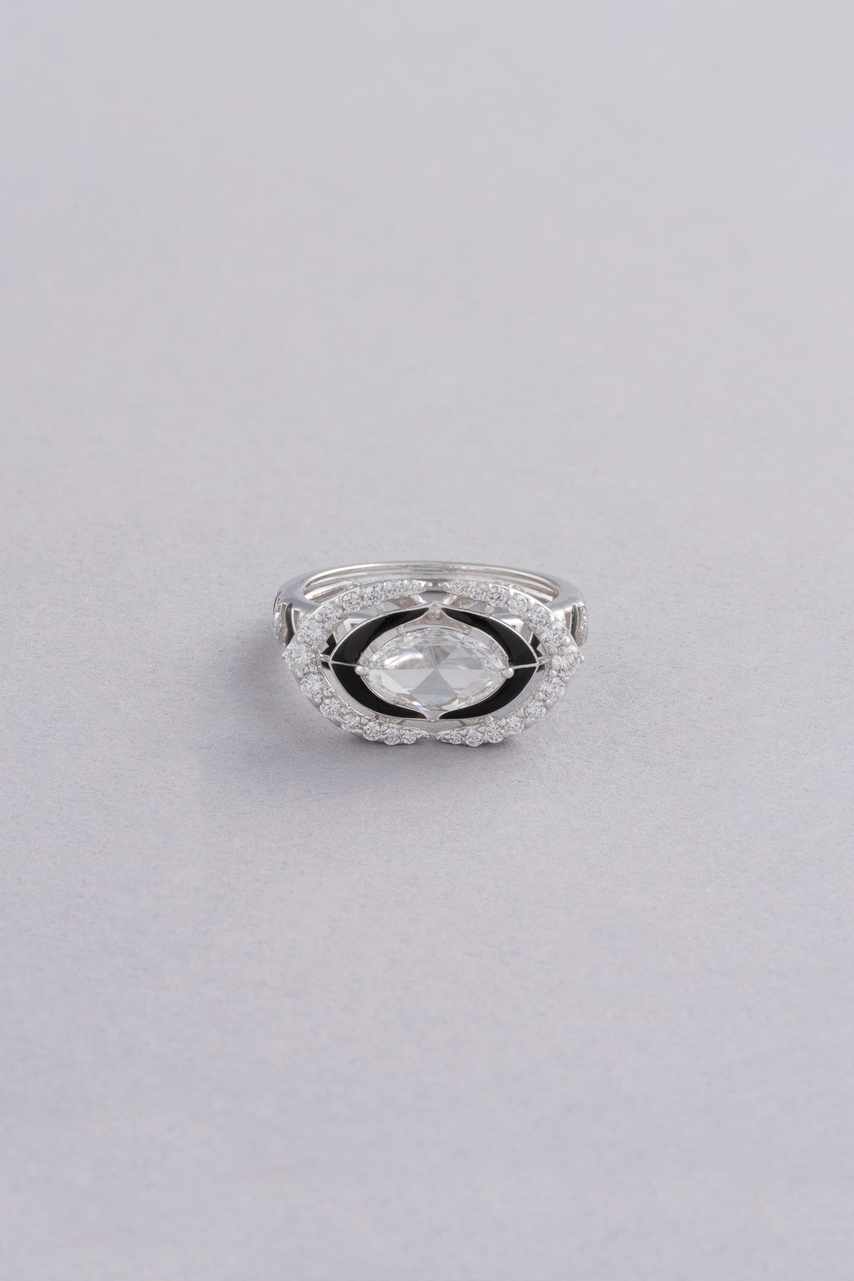 Halo Ring, White Gold, Rose-cut Diamonds and Ceramic Enamel