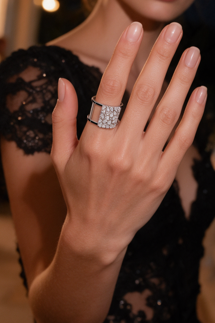 Mosaic Ring, White Gold, Rose-cut Diamonds and Ceramic Enamel